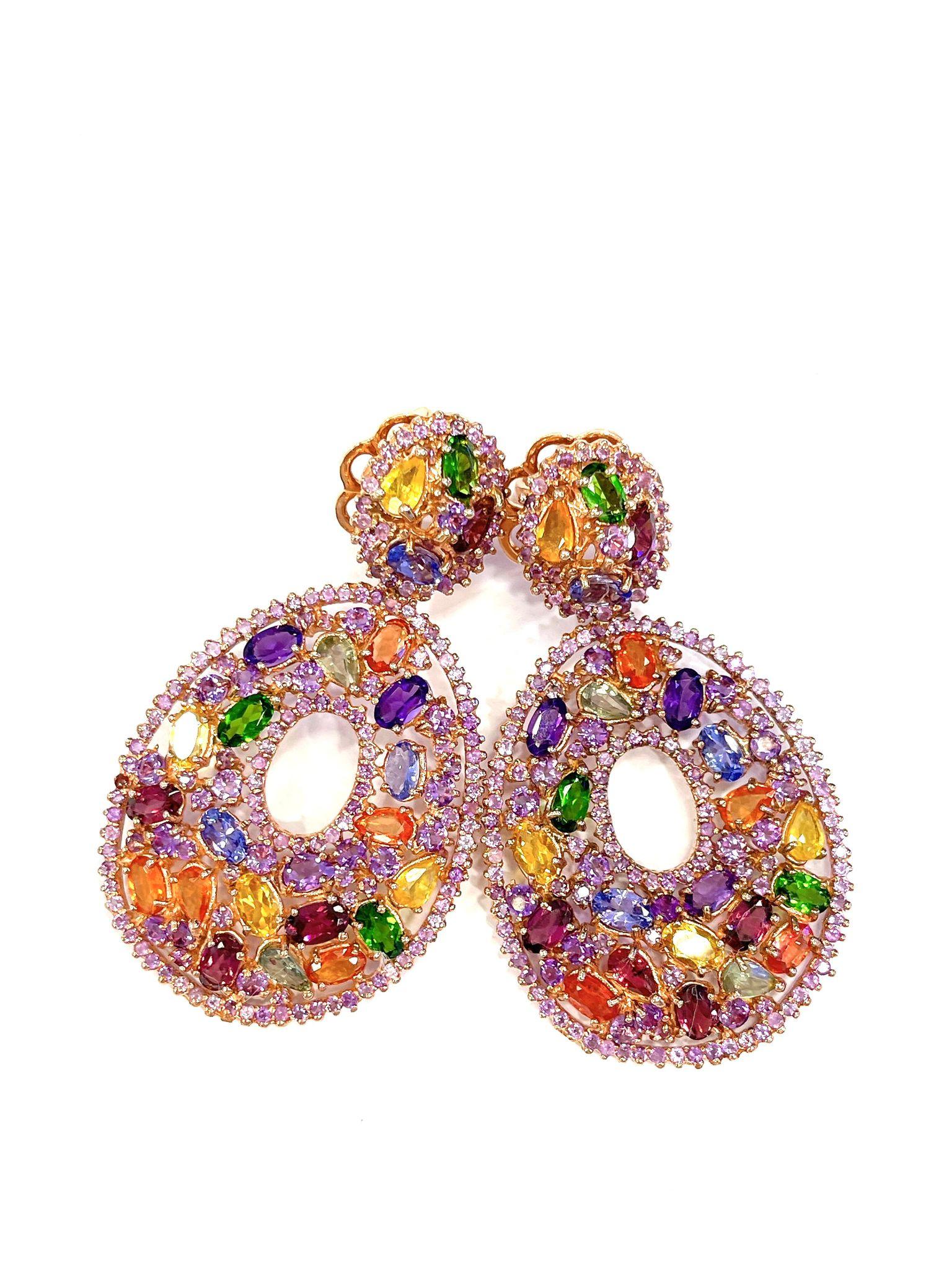 Bochic ��“Flamenco” Sapphire & Multi gem Chandelier Earrings Set 18K Gold&Silver 

Natural Rubies, Amethyst, Citrine, Peridot, Topaz, Tanzanite and Chrome dioxide - 16 carat  

Can be worn as studs or drops. 

The earrings from the traveling