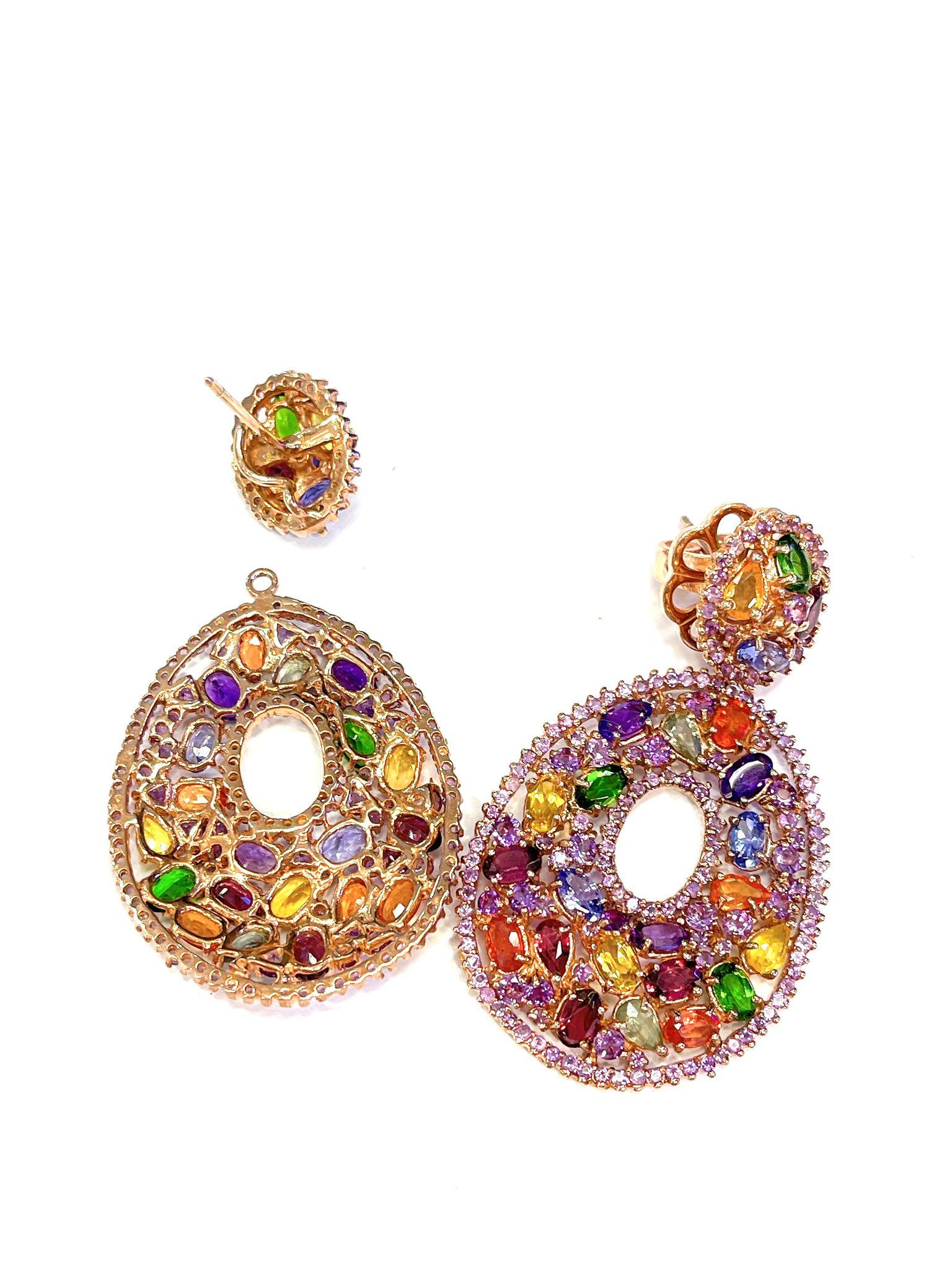 Baroque Bochic “Flamenco” Sapphire & Multi gem Chandelier Earrings Set 18K Gold&Silver