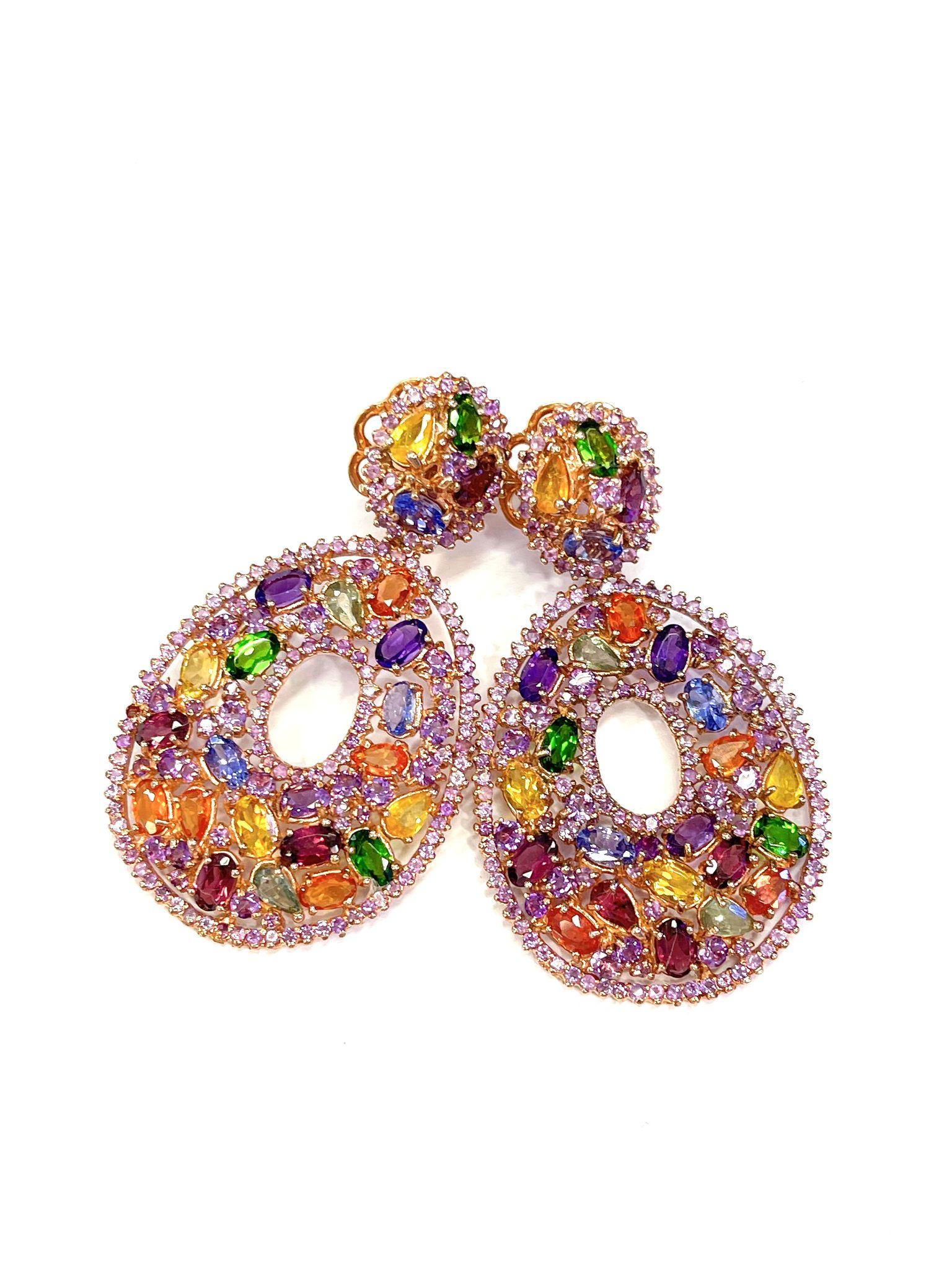 Brilliant Cut Bochic “Flamenco” Sapphire & Multi gem Chandelier Earrings Set 18K Gold&Silver For Sale