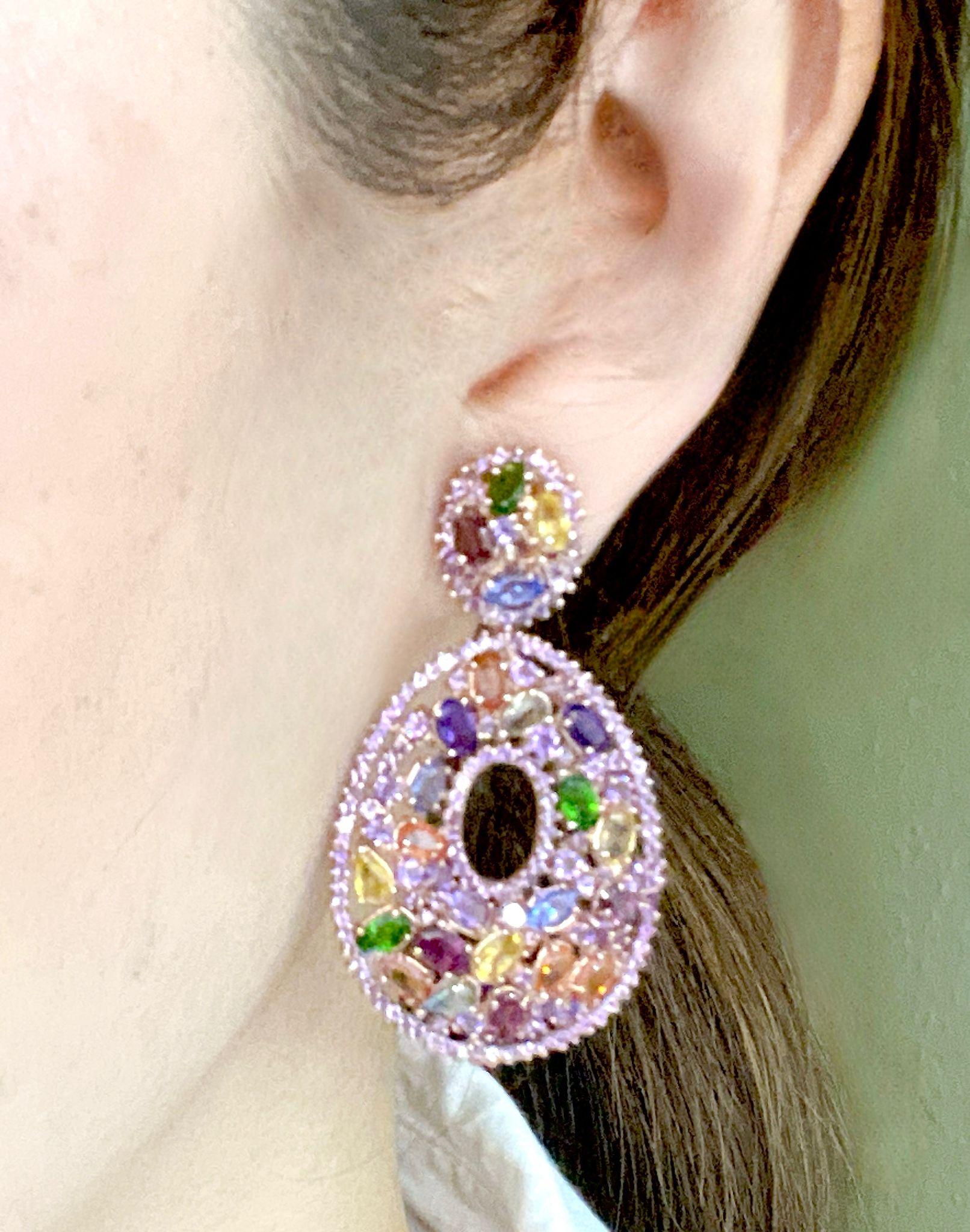Bochic “Flamenco” Sapphire & Multi gem Chandelier Earrings Set 18K Gold&Silver In New Condition For Sale In New York, NY