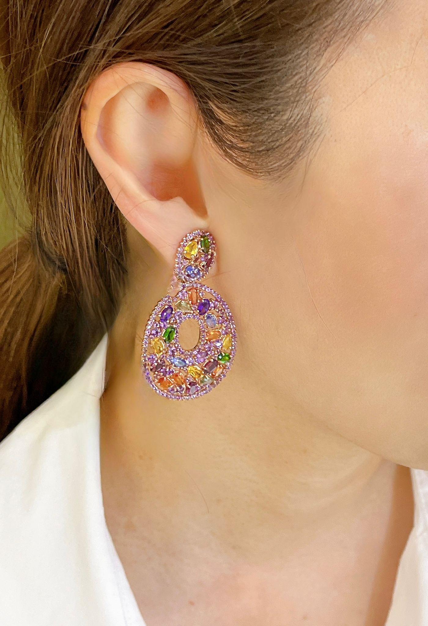 Women's Bochic “Flamenco” Sapphire & Multi gem Chandelier Earrings Set 18K Gold&Silver For Sale