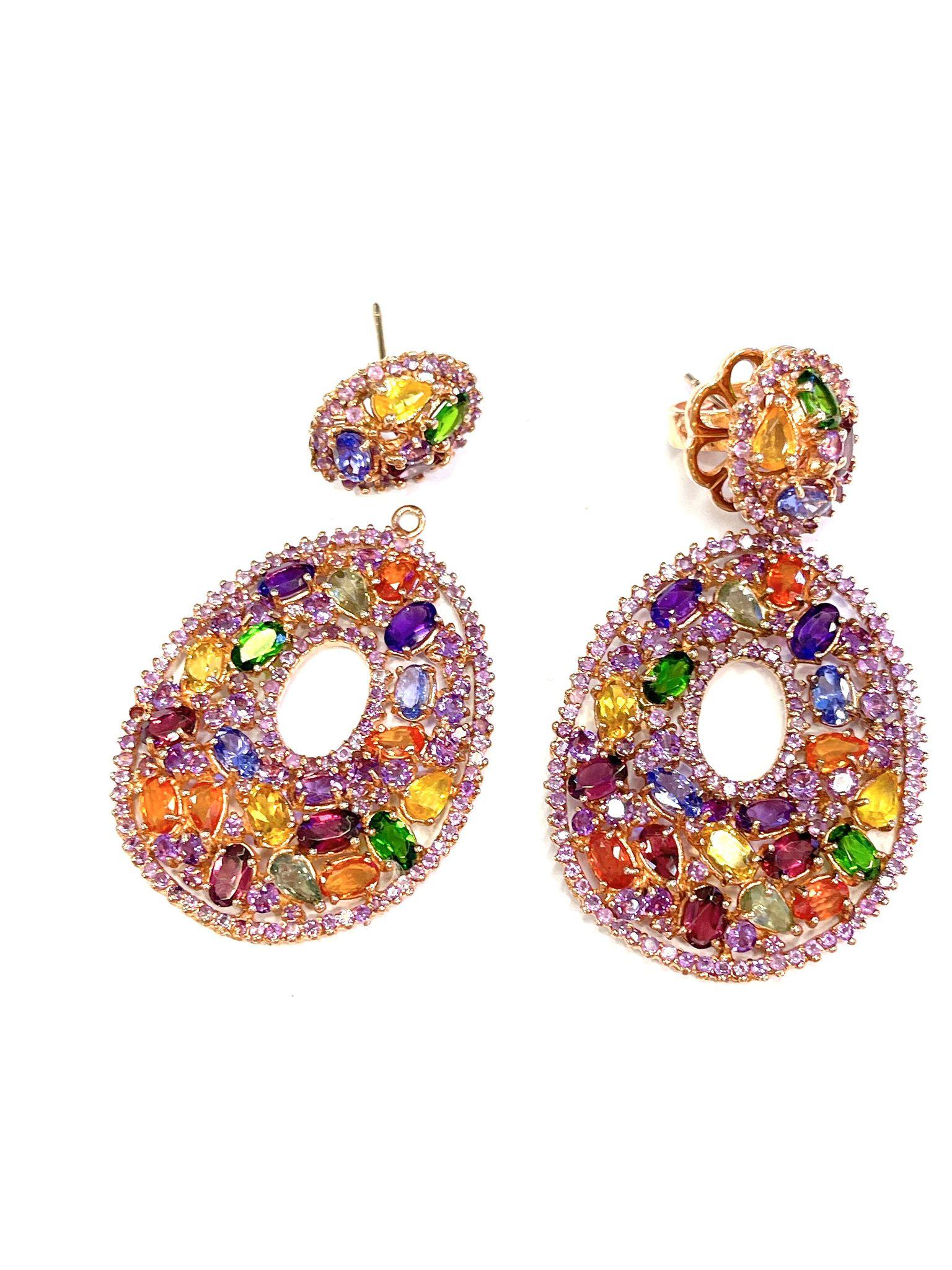 Bochic “Flamenco” Sapphire & Multi gem Chandelier Earrings Set 18K Gold&Silver For Sale 1