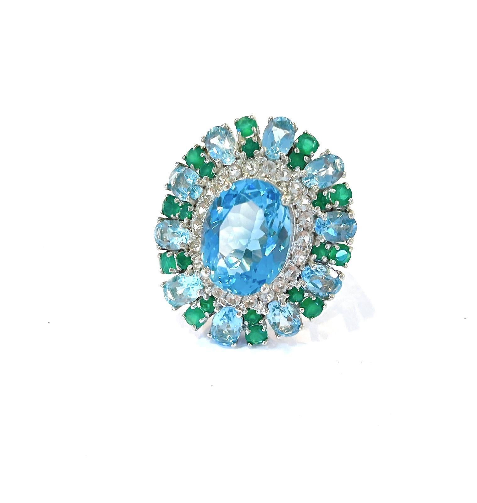 Baroque Bochic “Flamenco” Topaz & Fancy Multi Color Gems Cocktail Ring 18K Gold & Silver For Sale