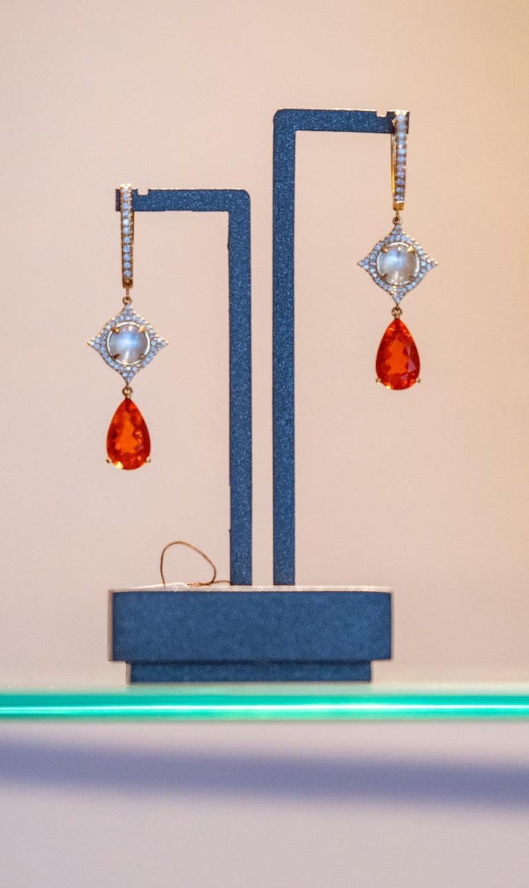 Brilliant Cut Bochic “Frida” Mexican Fire Opals and Moonstone Earrings