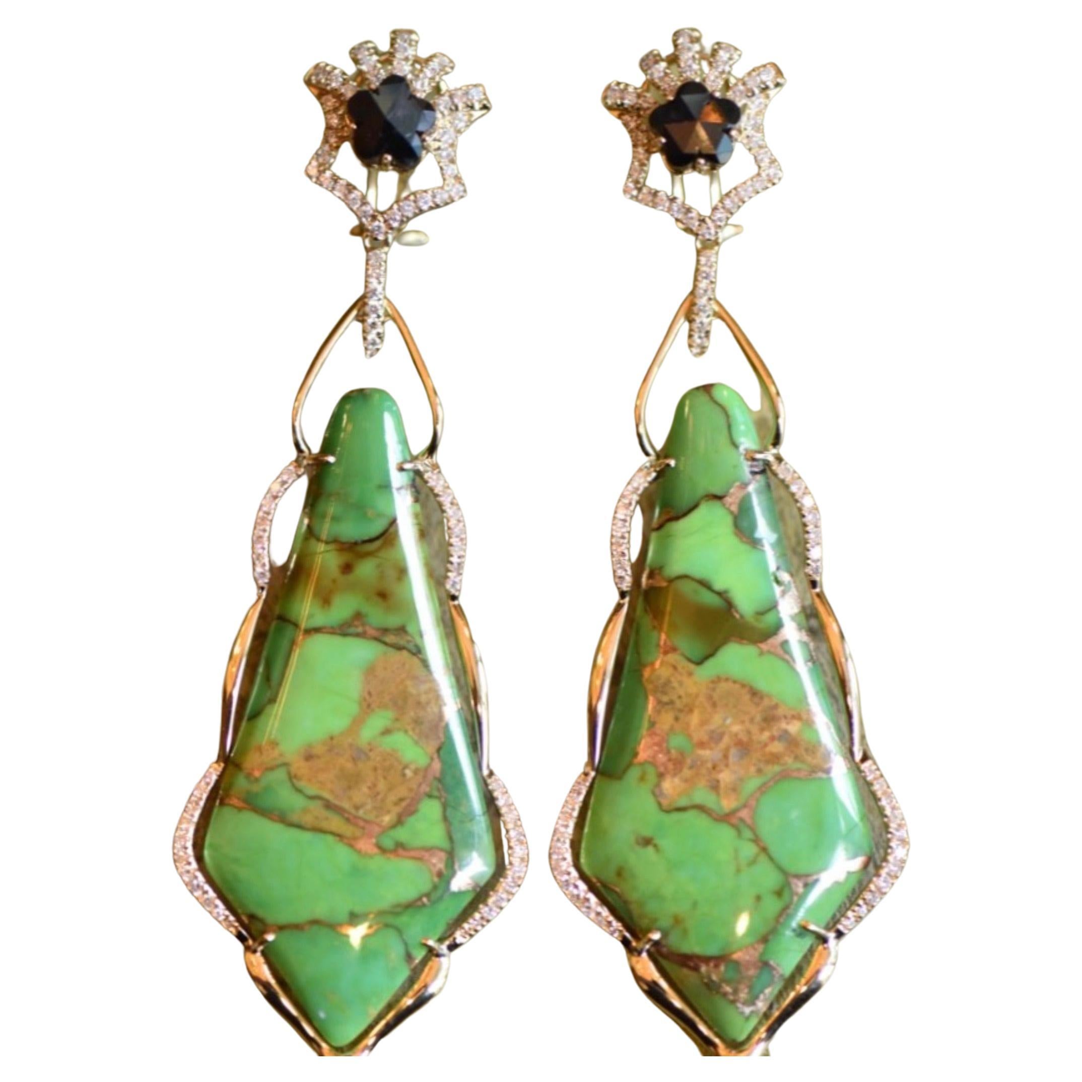 Grüne Türkis- und Diamant-Ohrringe (Barock)