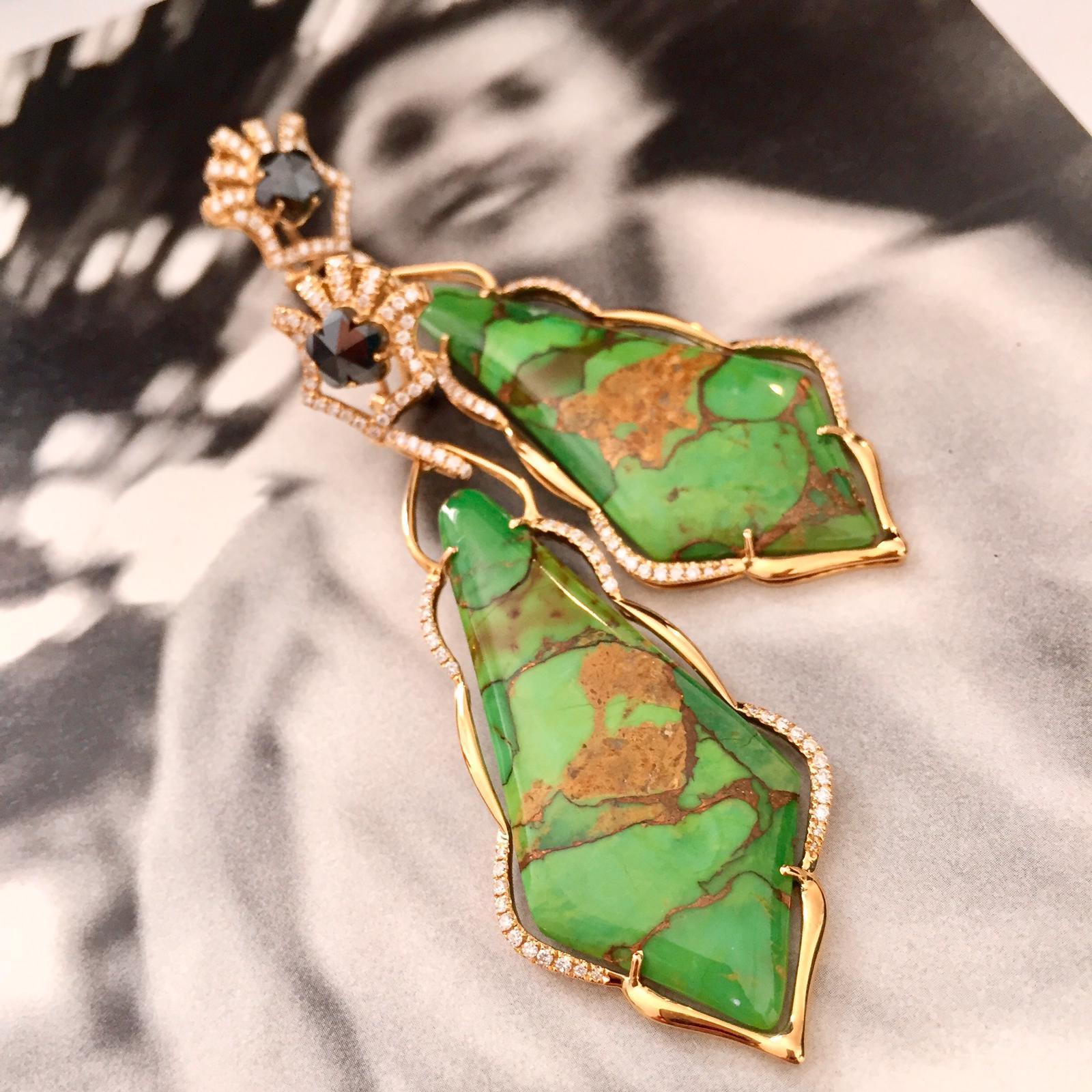 Grüne Türkis- und Diamant-Ohrringe (Brillantschliff)