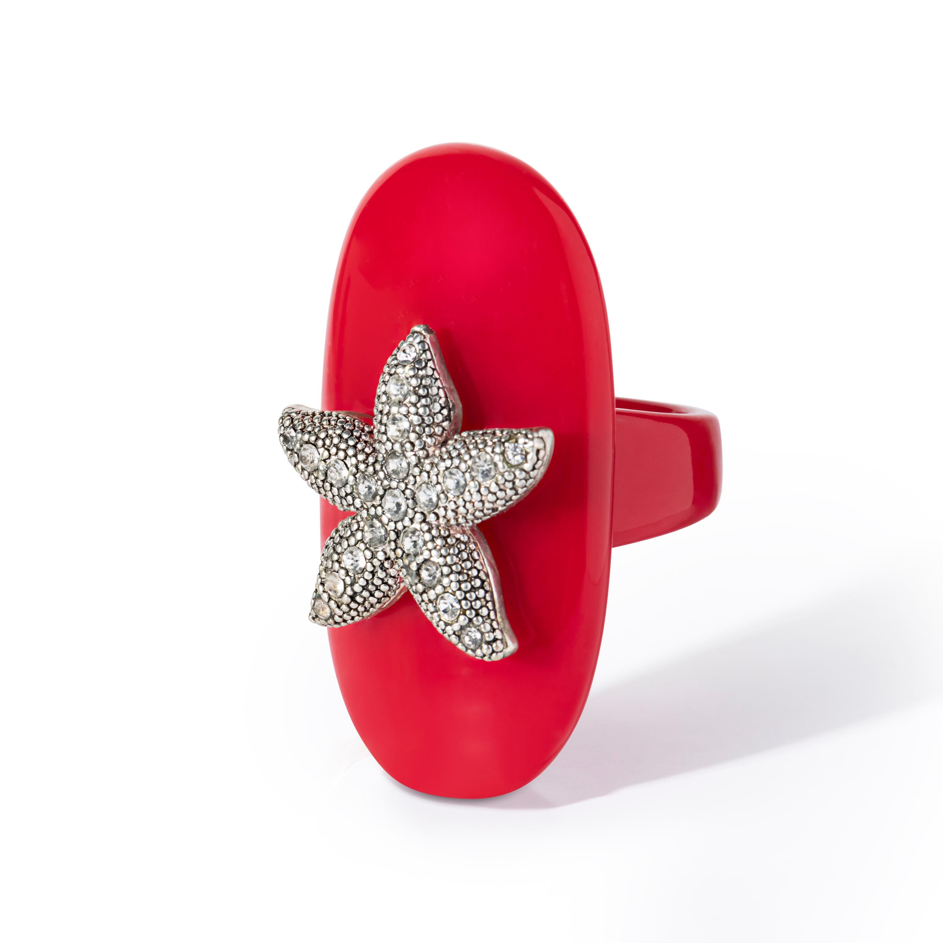 Brilliant Cut Bochic “Ikon” Red Star Fish Bijoux Ring 70s style  For Sale
