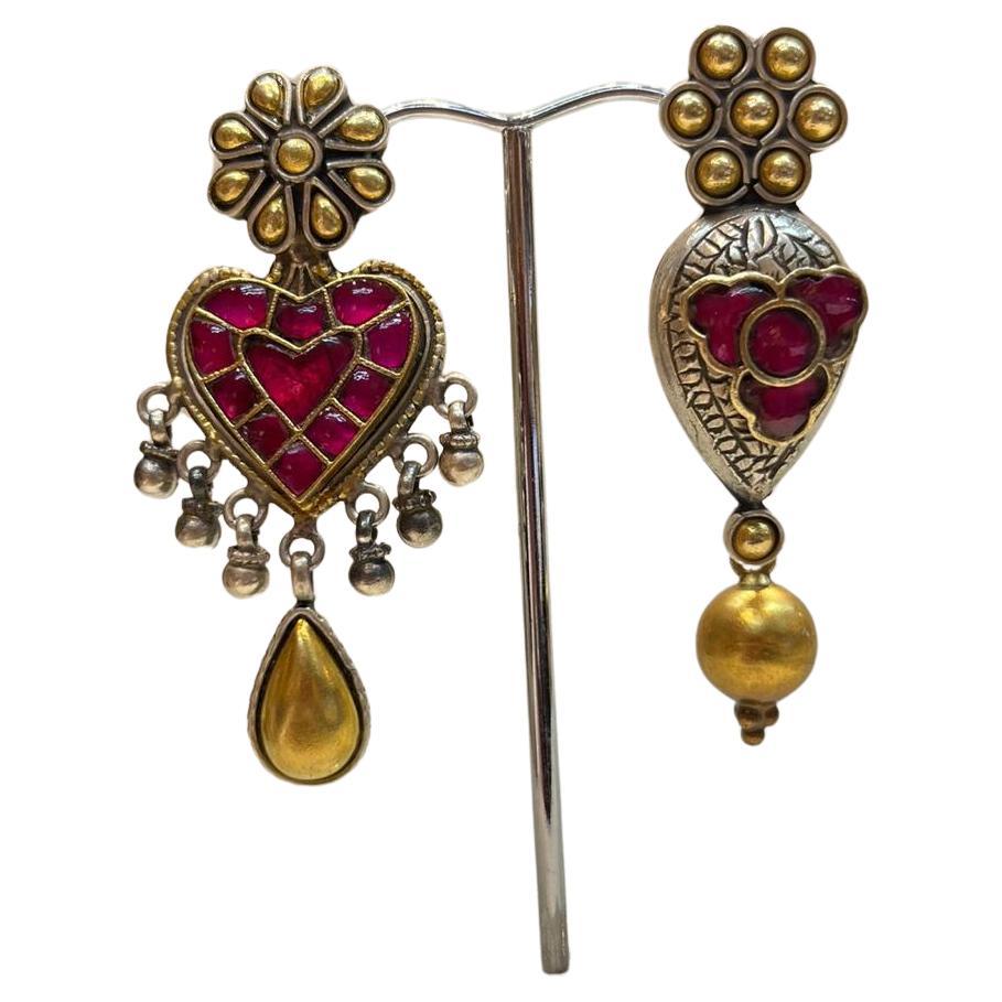 Bochic “IndoChina” Oriental Vintage Gold & Silver & Red Ruby Earrings  For Sale