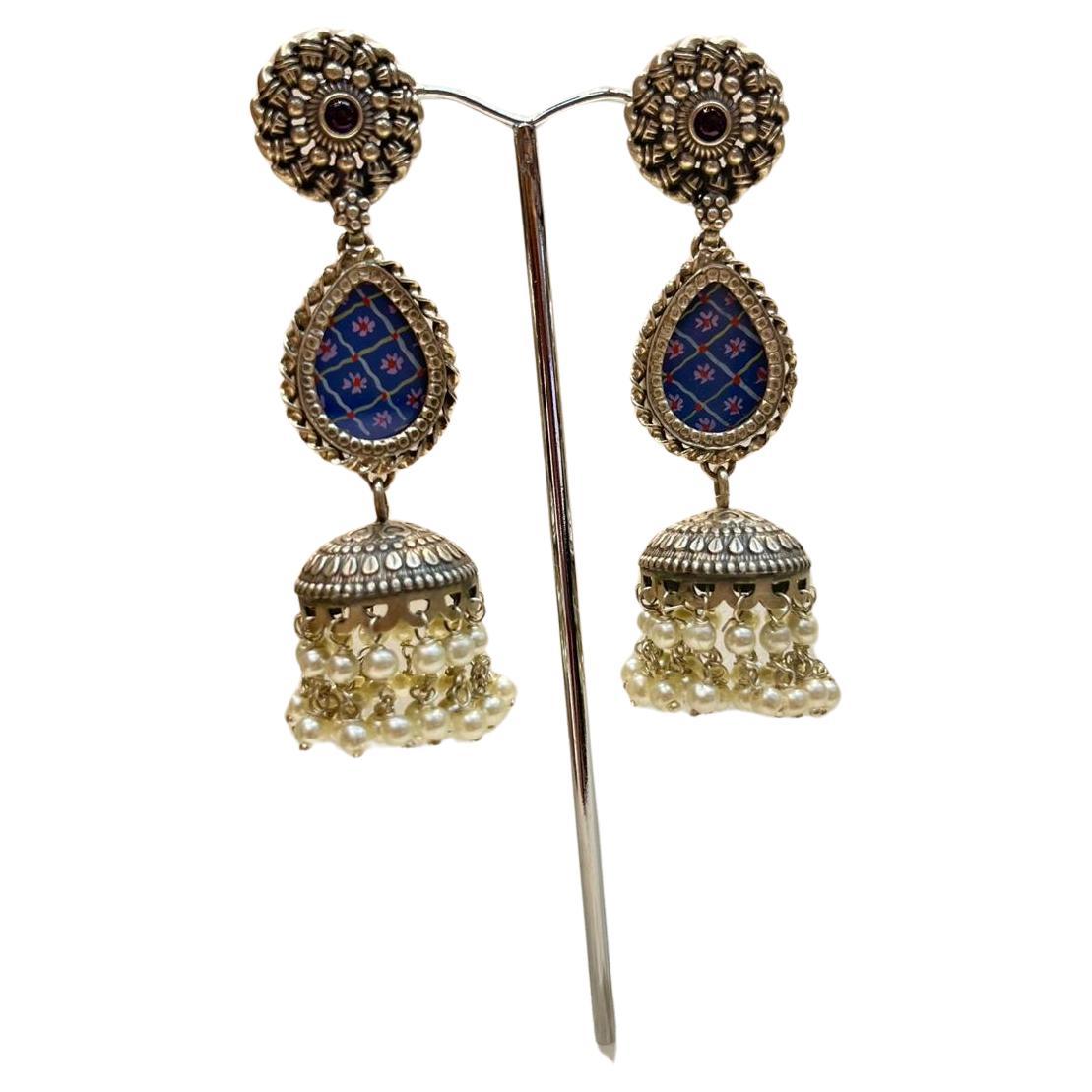 Bochic “IndoChina” Oriental Vintage Silver & Enamel Blue Bell Earrings  For Sale