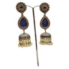 Bochic “IndoChina” Oriental Vintage Silver & Enamel Blue Bell Earrings 