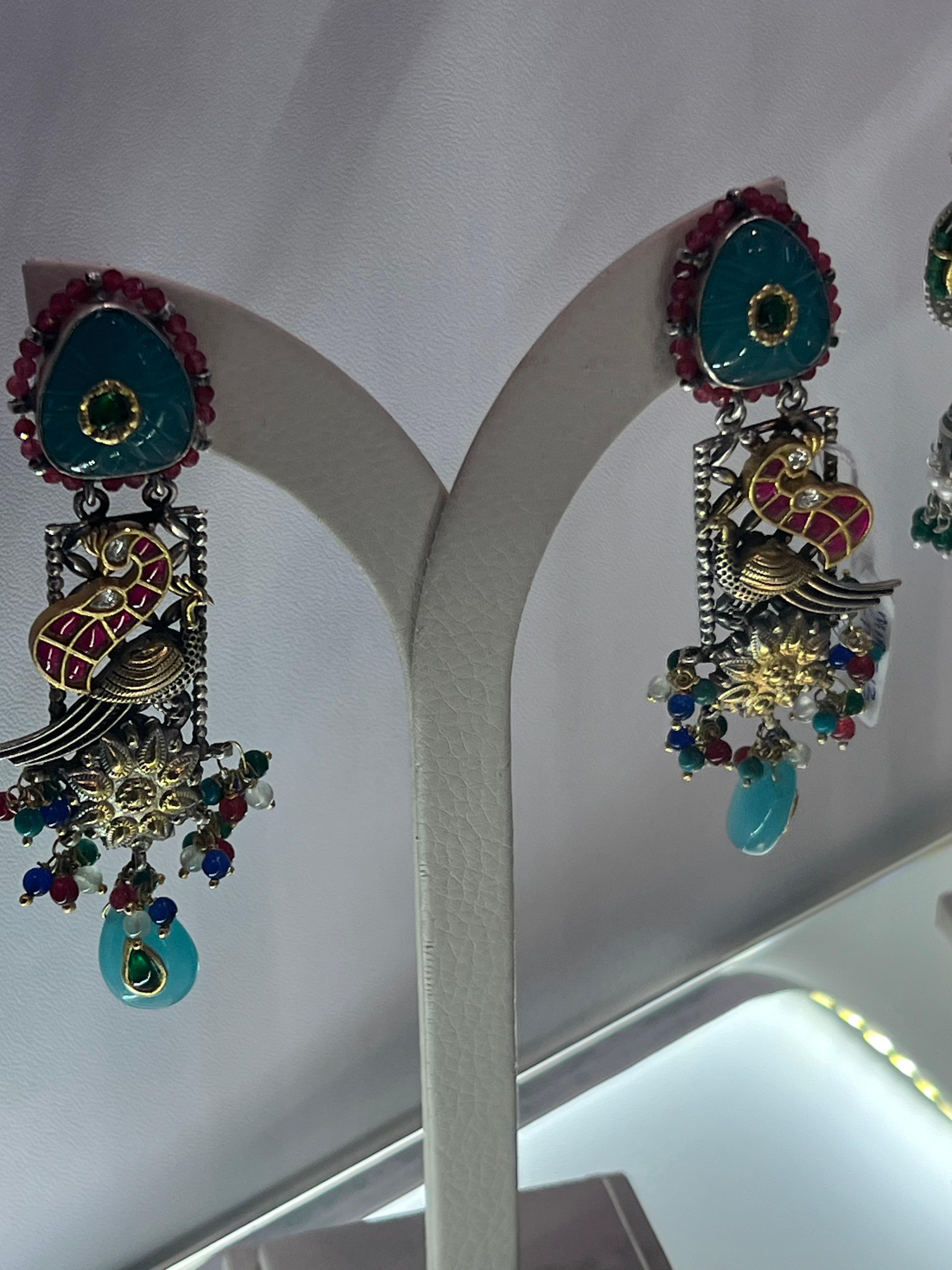 Women's Bochic “IndoChina” Oriental Vintage Silver & Enamel Blue, Red Bird Earrings  For Sale