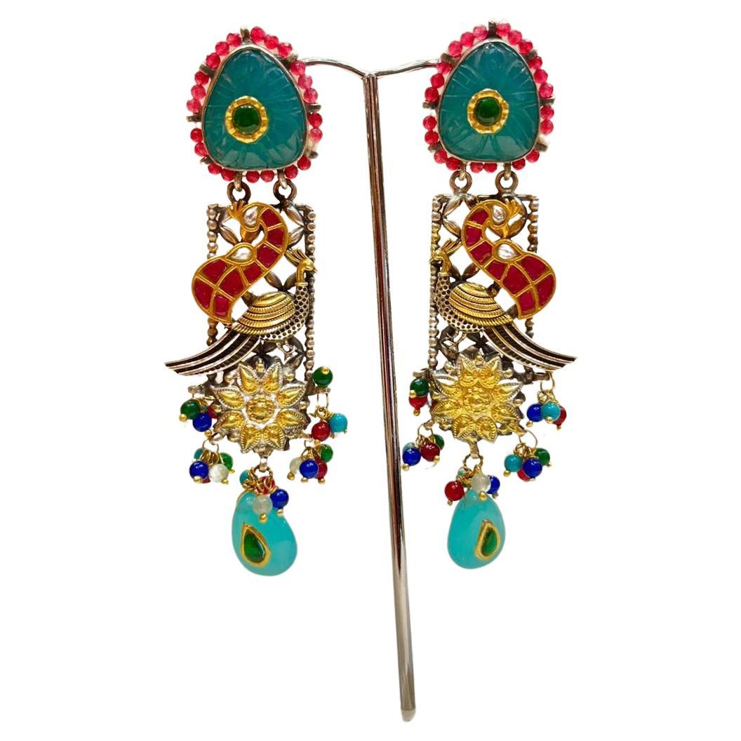 Bochic “IndoChina” Oriental Vintage Silver & Enamel Blue, Red Bird Earrings  For Sale