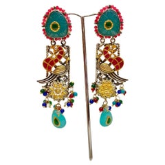Bochic “IndoChina” Oriental Vintage Silver & Enamel Blue, Red Bird Earrings 