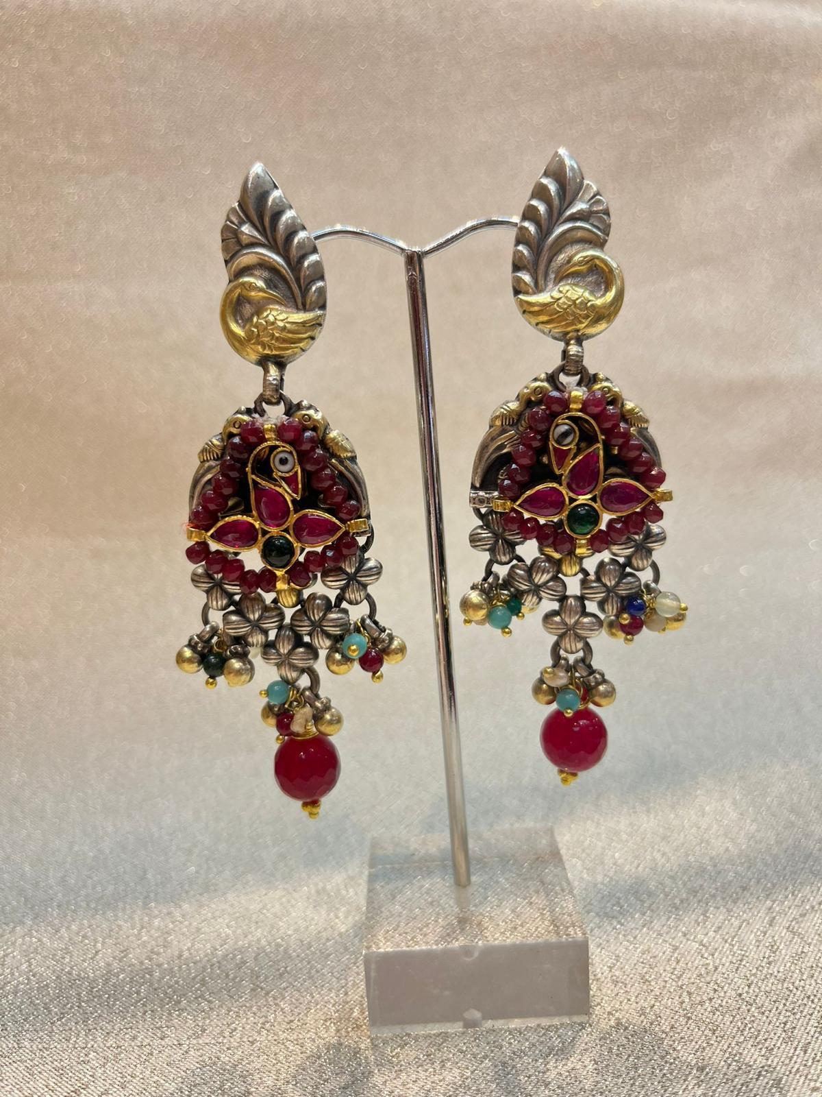 Anglo-Indian Bochic “IndoChina” Oriental Vintage Silver & Gold, Red Ruby Bird Earrings  For Sale