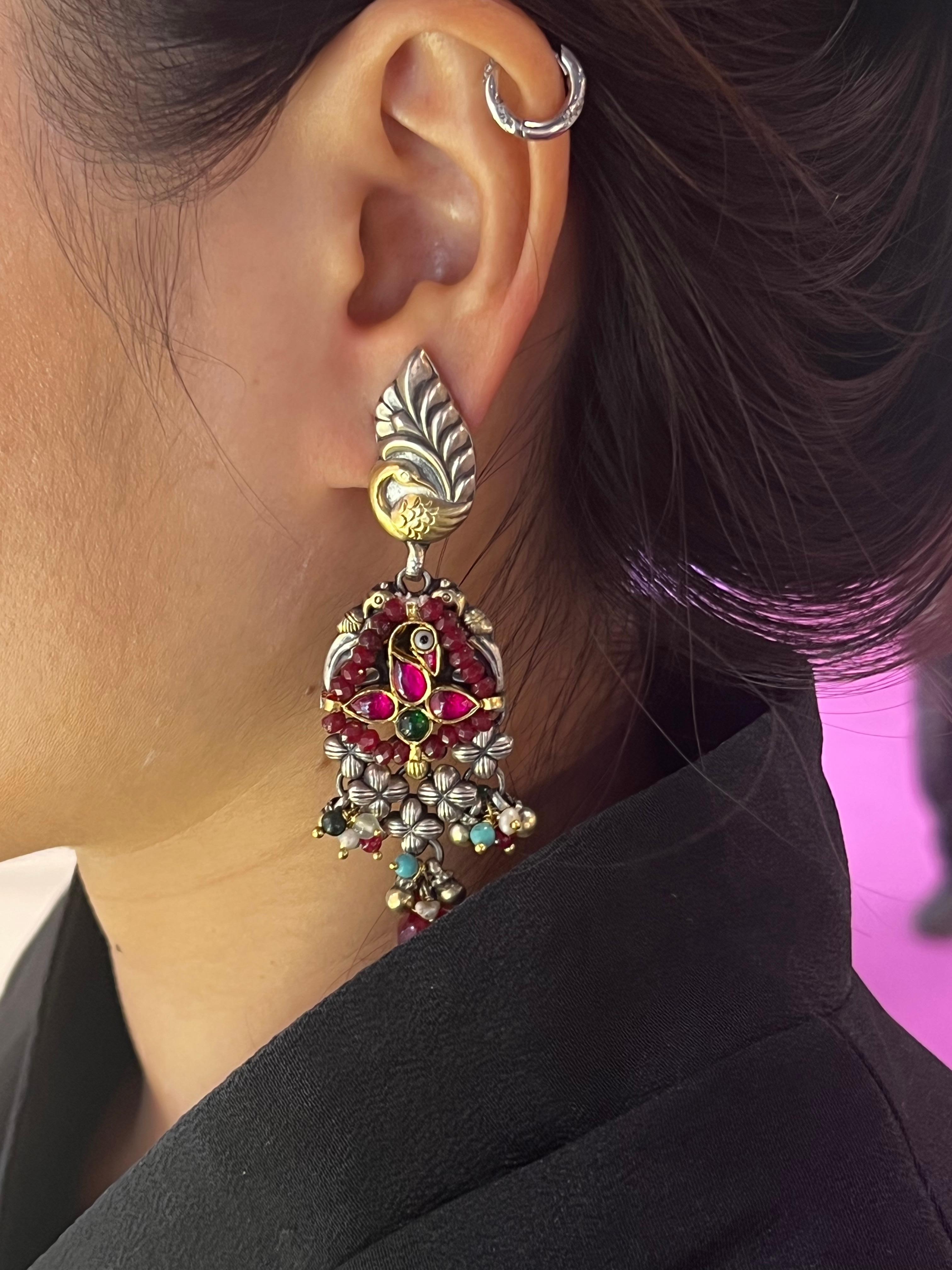 Bochic “IndoChina” Oriental Vintage Silver & Gold, Red Ruby Bird Earrings  In Excellent Condition For Sale In New York, NY