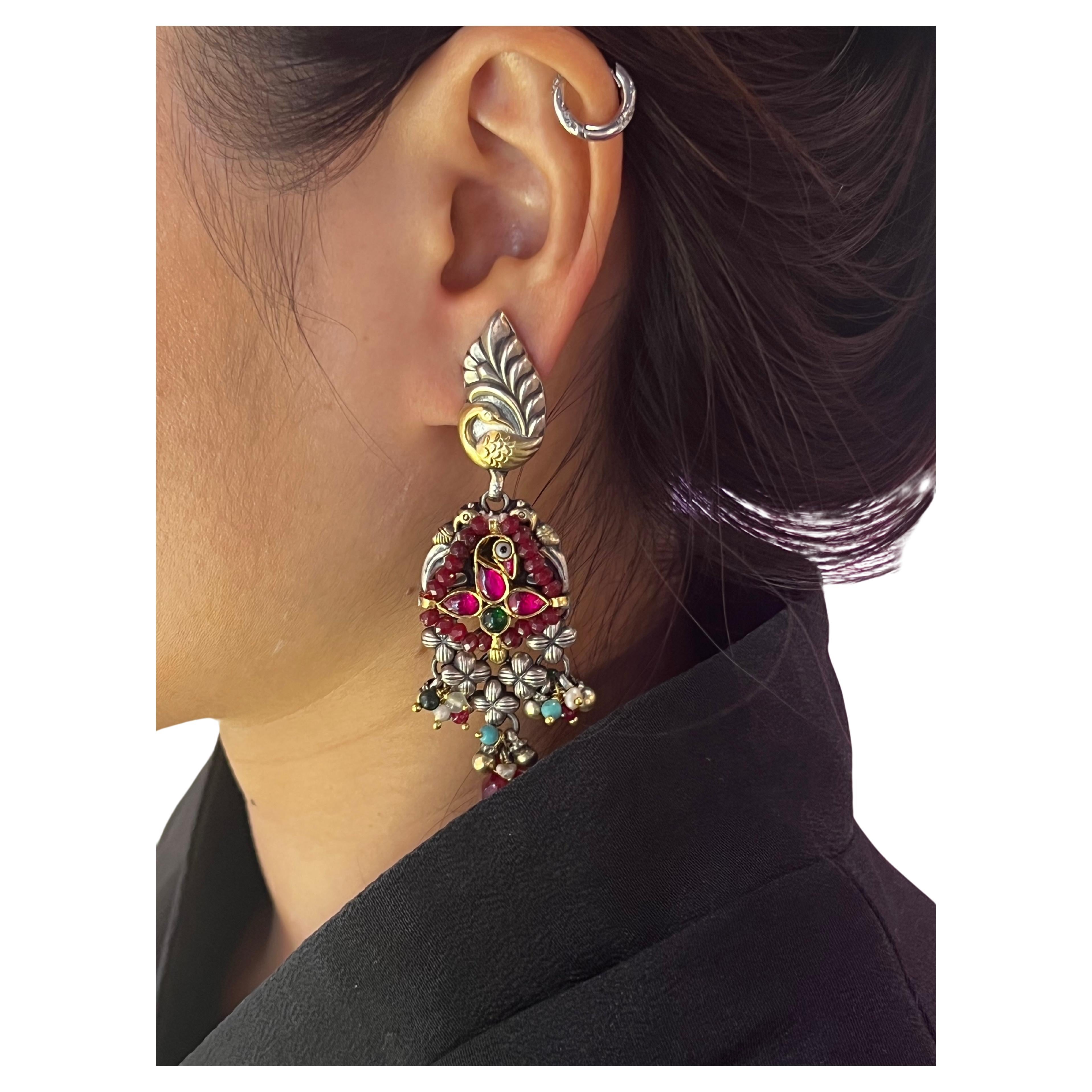 Bochic “IndoChina” Oriental Vintage Silver & Gold, Red Ruby Bird Earrings  For Sale