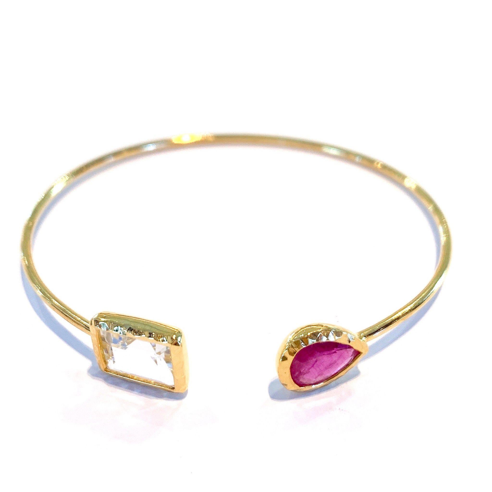 Art Nouveau Bochic “Jungle” Bangle White Step Cut Topaz and Red Ruby, Silver & 22k Gold For Sale