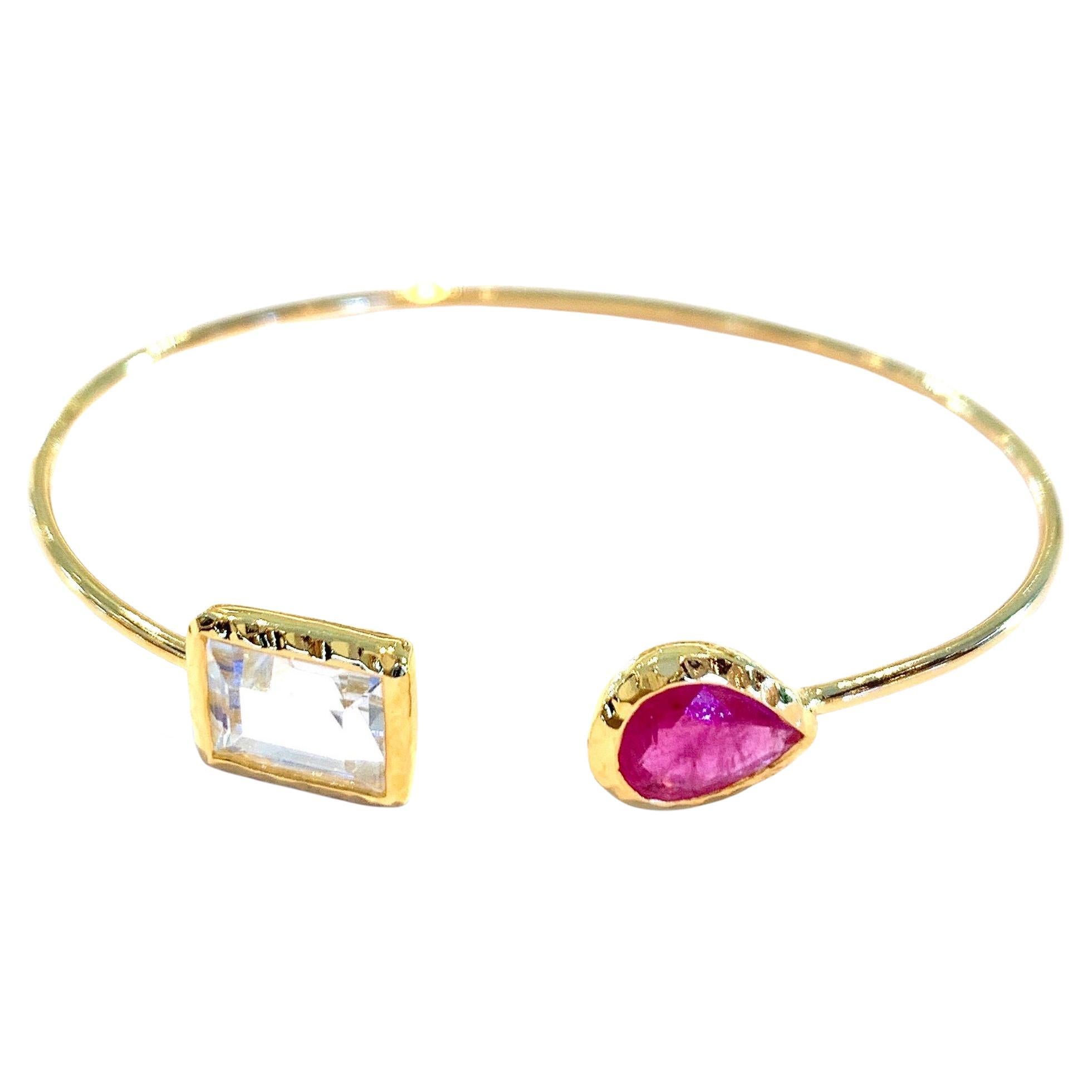 Bochic “Jungle” Bangle White Step Cut Topaz and Red Ruby, Silver & 22k Gold For Sale