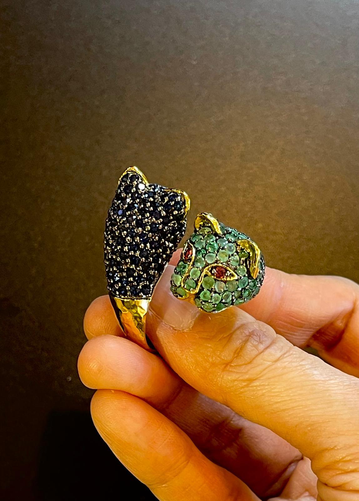 Brilliant Cut Bochic “Jungle” Blue Sapphire and Green Emerald Ring, Set in 22k Gold & Silver For Sale