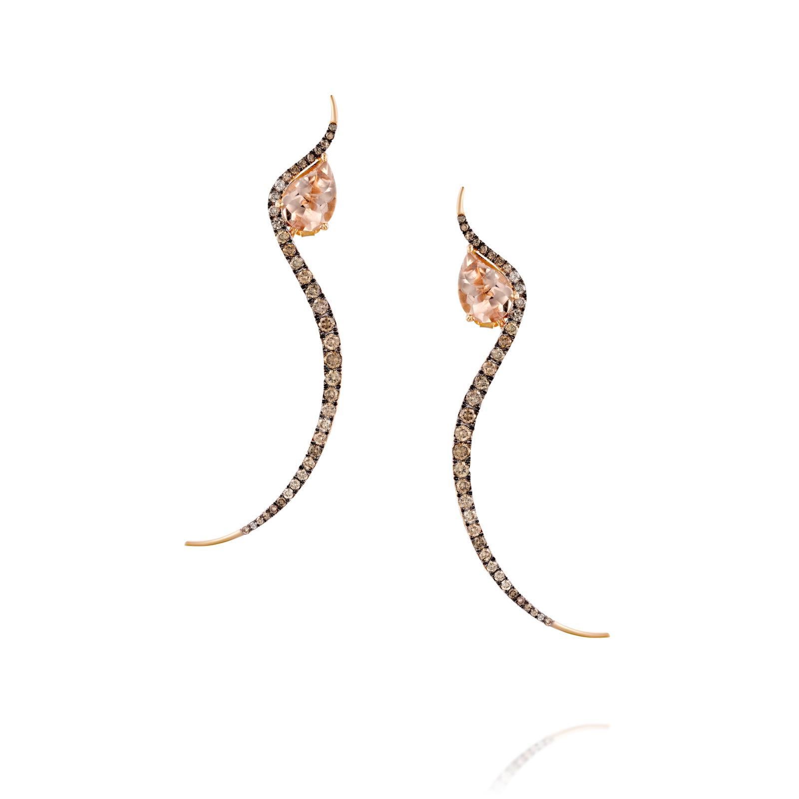 Bochic Morganite and Diamond Willow Earrings. 
This earrings are beautiful, chic and edgy at the same time. 
The earrings are versatile and you can adjust them as you like.
Either as a drop or maybe as a runner on top ear. Can be worn both at the