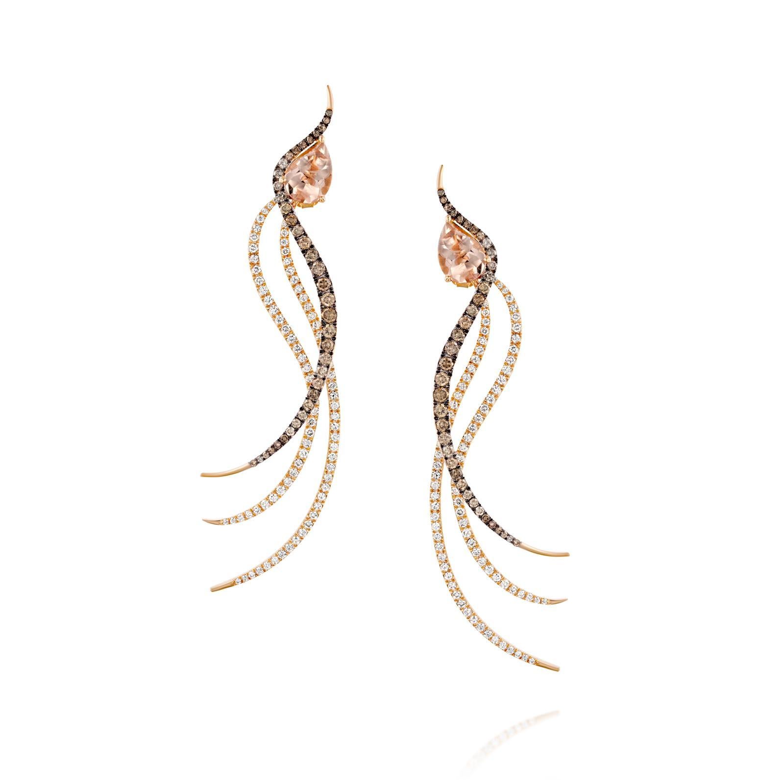 Egyptian Revival Bochic Morganite and Diamond Edgy Willow Earrings