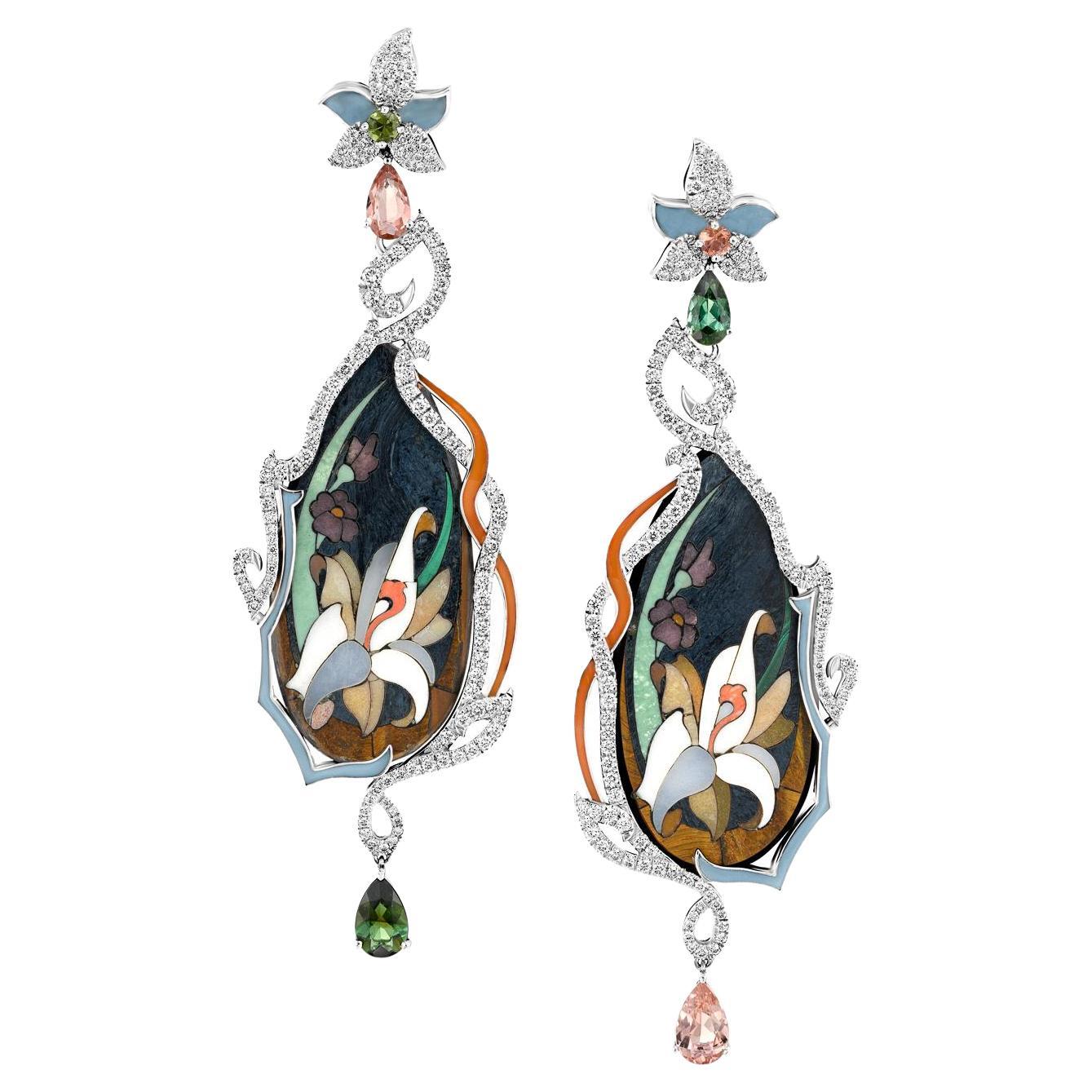 Bochic Mosaic Flower Drop Diamond Earrings For Sale