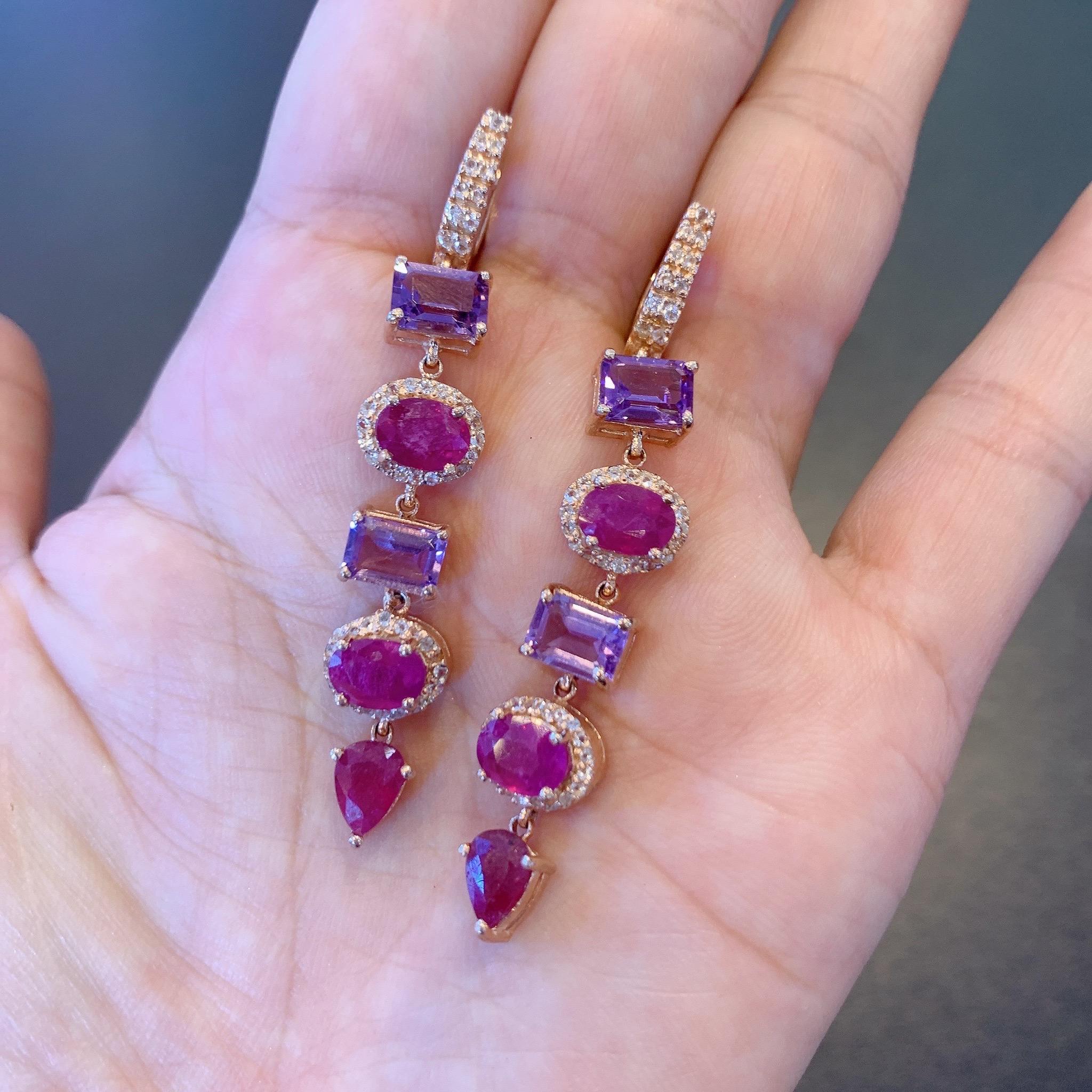Bochic “Capri” Multi Color Natural Sapphire and Ruby Drop Earrings For Sale 2