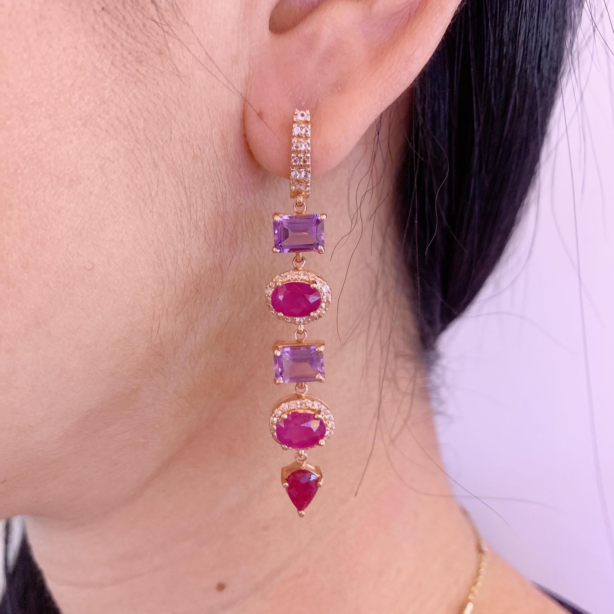 Bochic “Capri” Multi Color Natural Sapphire and Ruby Drop Earrings For Sale 3