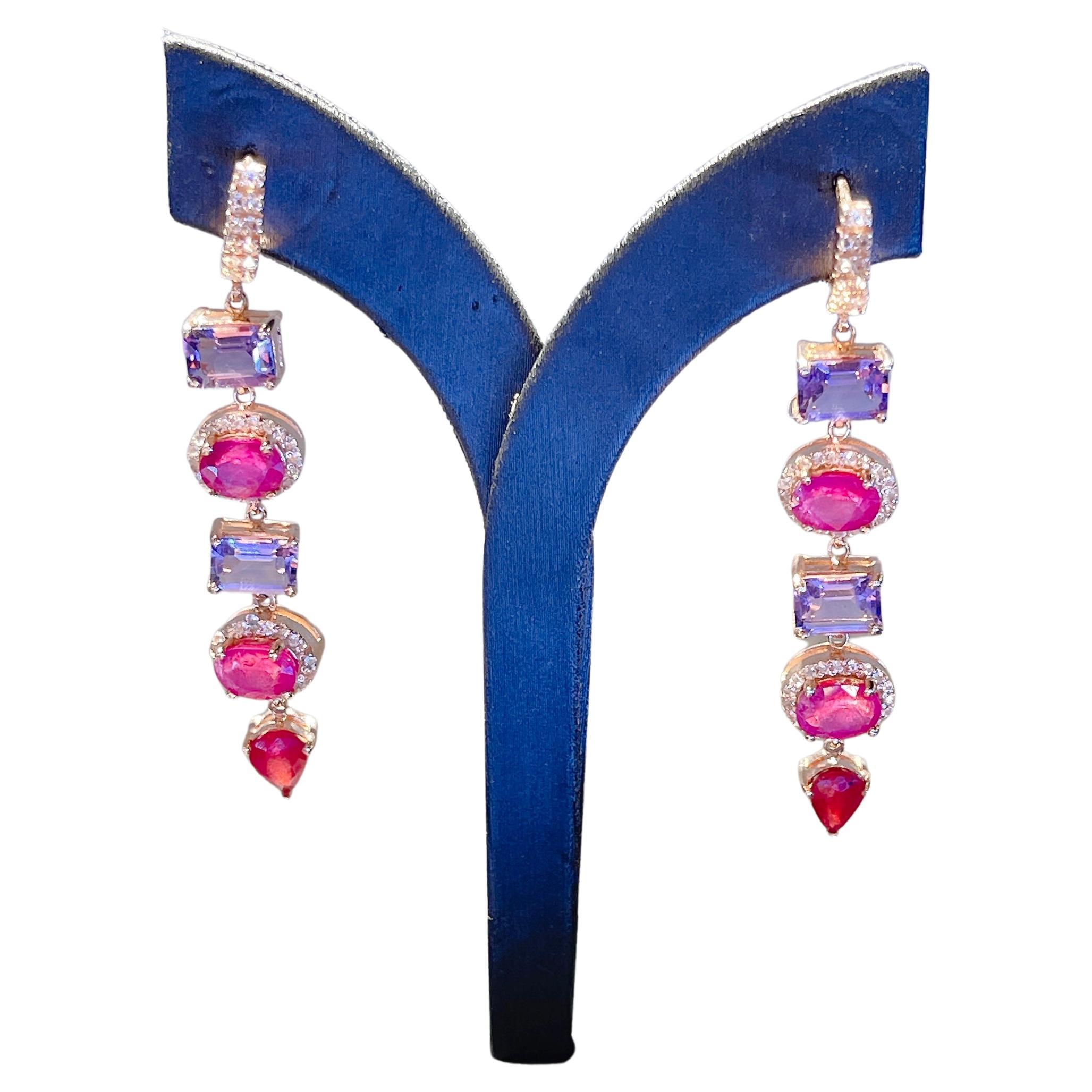 Bochic “Capri” Multi Color Natural Sapphire and Ruby Drop Earrings For Sale