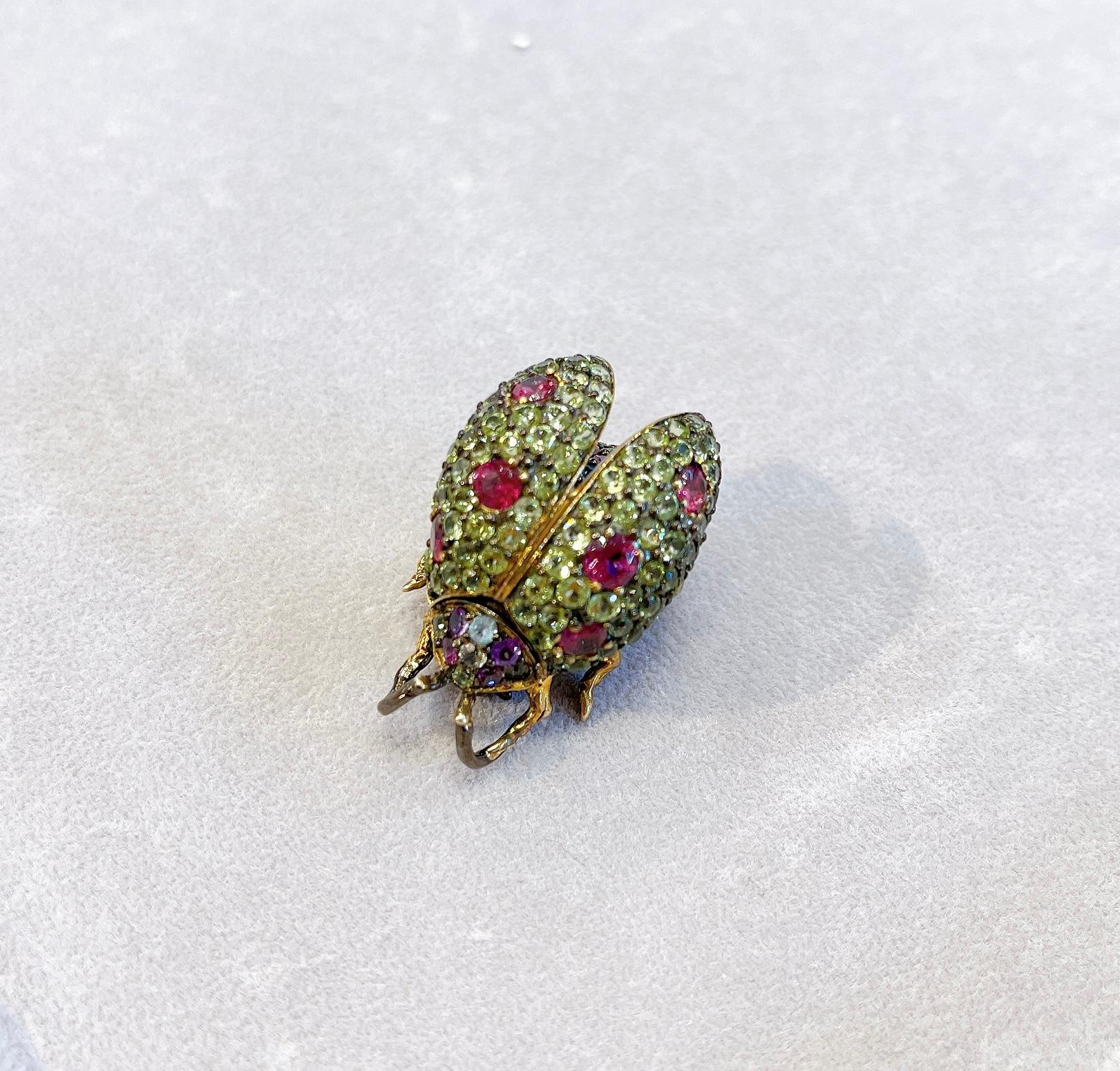 Bochic Multi Color Natural Sapphire and Mix Gem Candy “Beetle” Brooch or Pendent For Sale 2