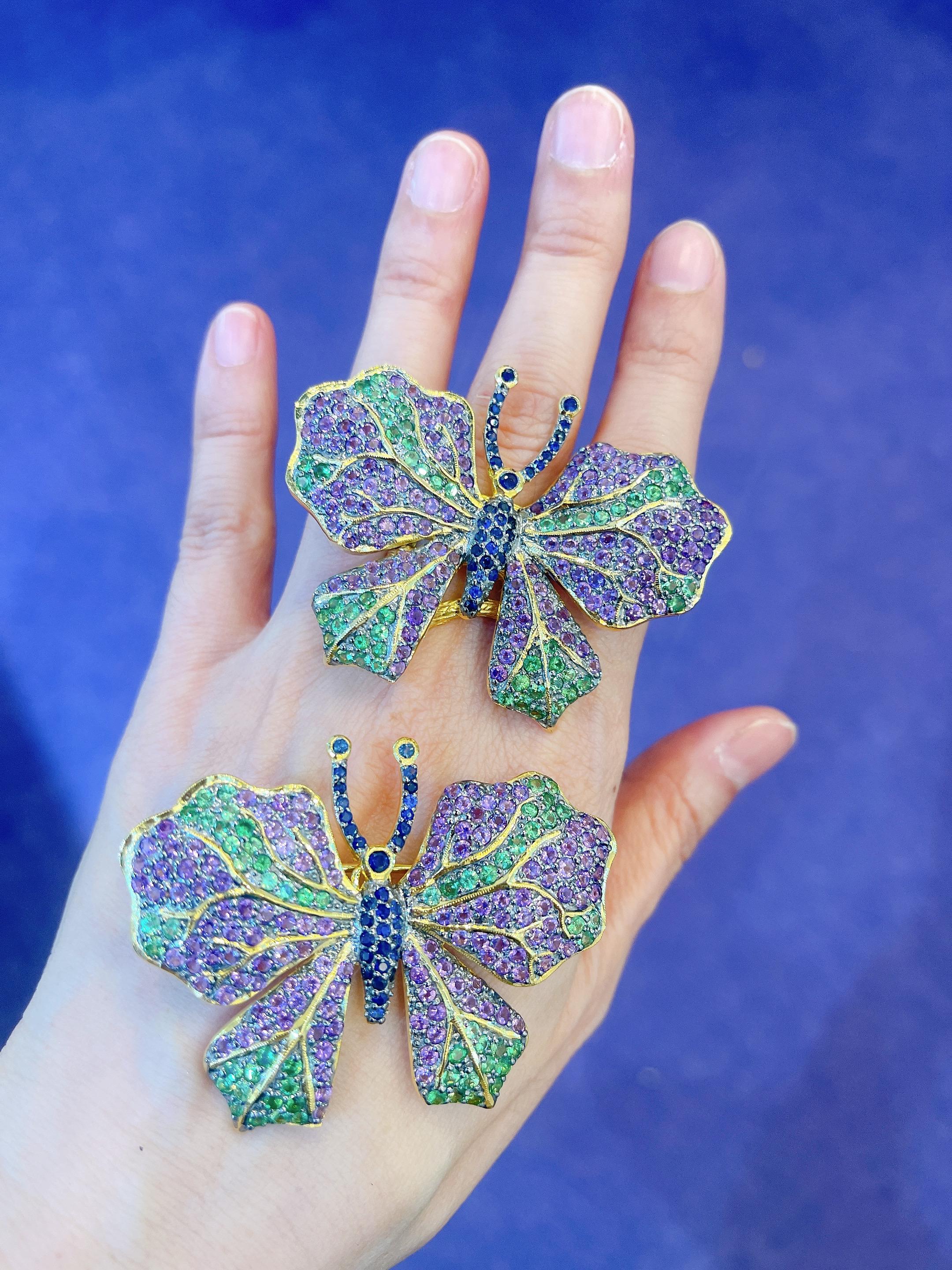 Brilliant Cut Bochic “Orient”  Multi Natural Sapphire Fancy Candy Gem Butterfly Brooch or Ring For Sale