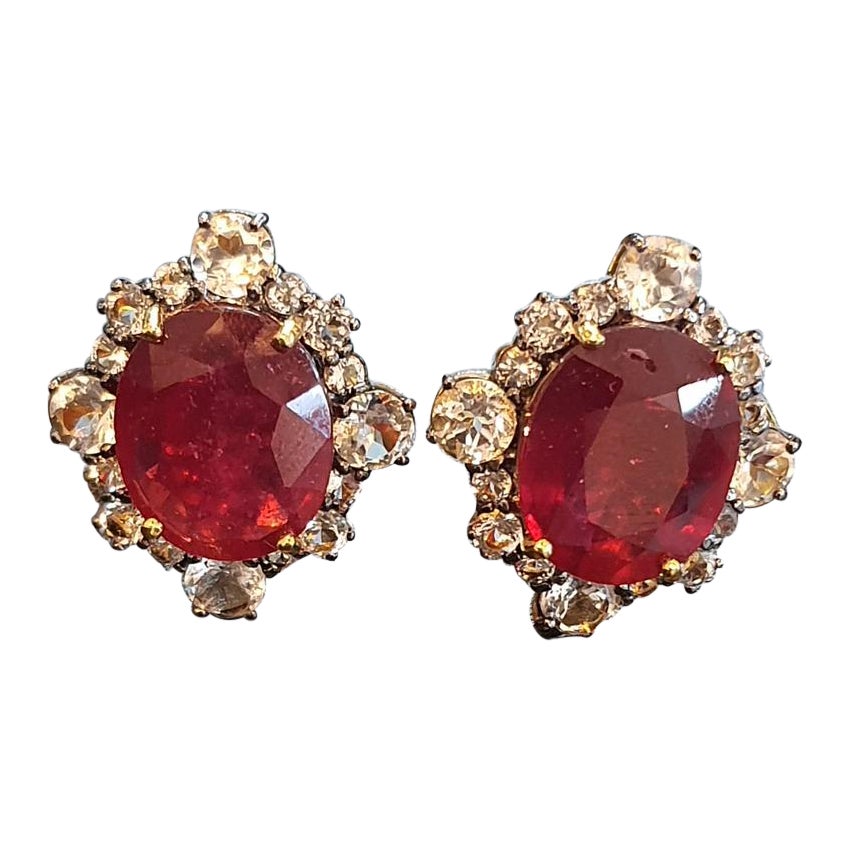Bochic “Orient” 11 Carat African Natural Ruby & Rose Cut Topaz Earrings For Sale
