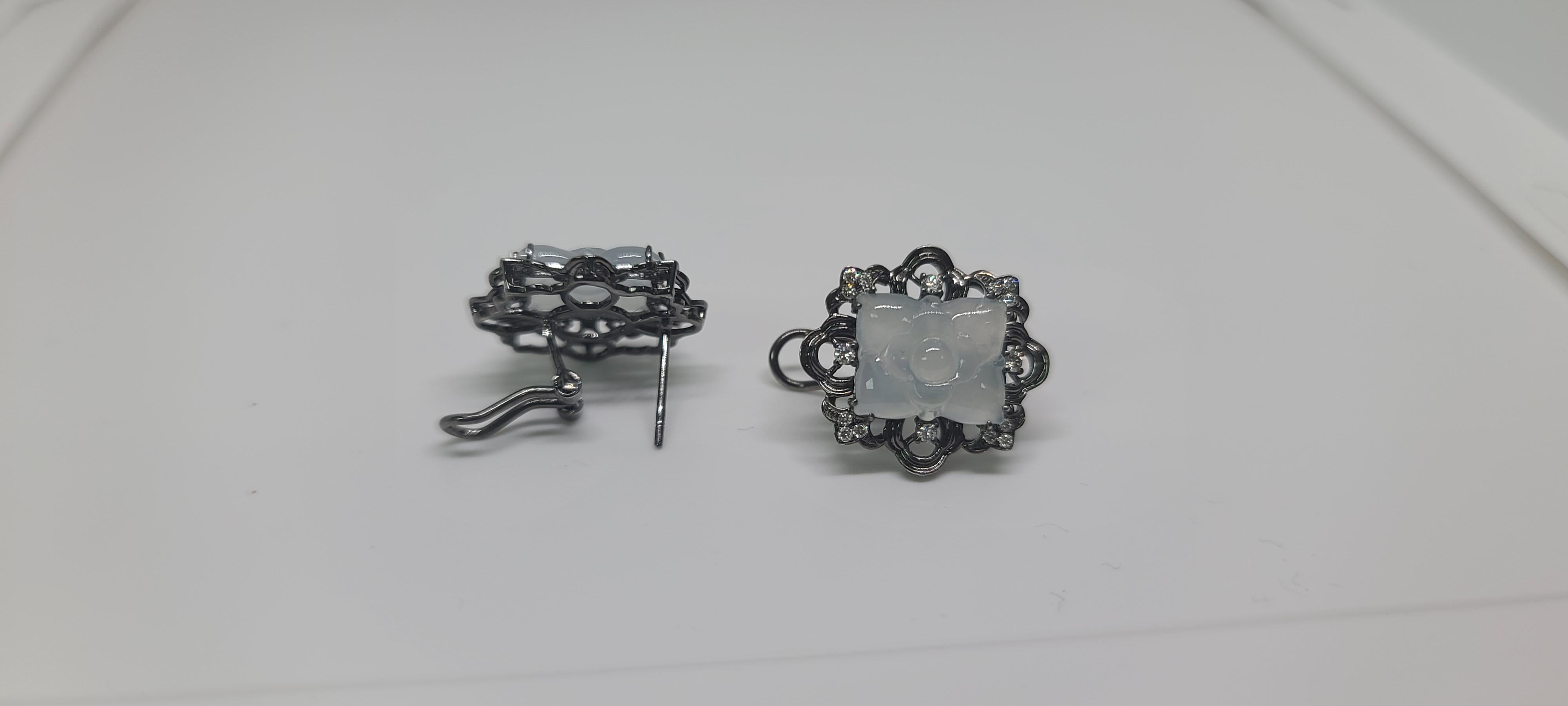 Baroque Bochic “Orient” 18 K White Gold Cluster Diamond & Mint Jade Earrings  For Sale