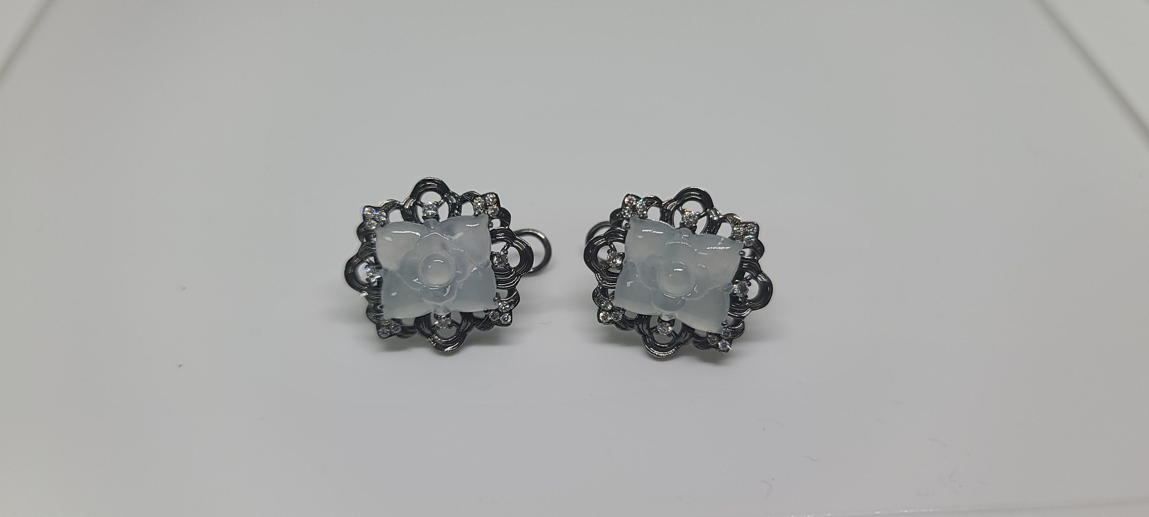 Brilliant Cut Bochic “Orient” 18 K White Gold Cluster Diamond & Mint Jade Earrings  For Sale