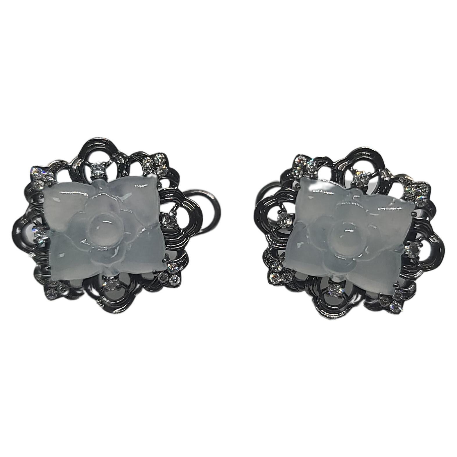 Bochic “Orient” 18 K White Gold Cluster Diamond & Mint Jade Earrings  For Sale