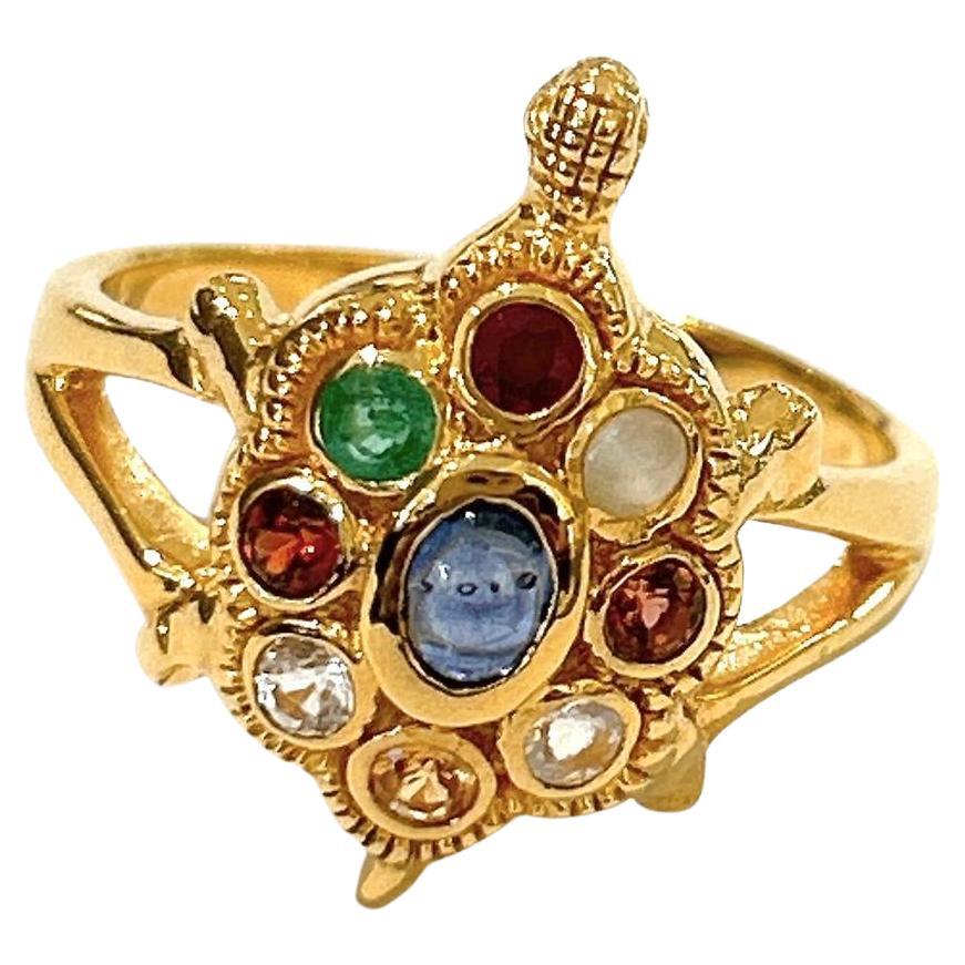 Bochic “Orient” 9 Gem, Sapphire, Ruby, Emerald Ring Set In 18K Gold & Silver  For Sale