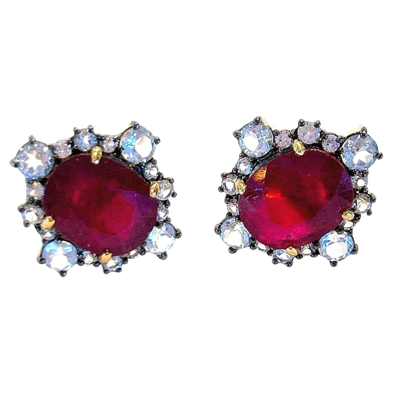 Bochic “Orient” African Ruby & Rose Cut Topaz Earrings Set In 18K Gold & Silver 
Natural African Ruby Gem Cut - 11 carat 
Shape - Oval shape 
Color - deep wine 
White Topaz Rose cut Natural White Topaz - 5 carat 
Rose cuts 
Cluster Rose cut setting