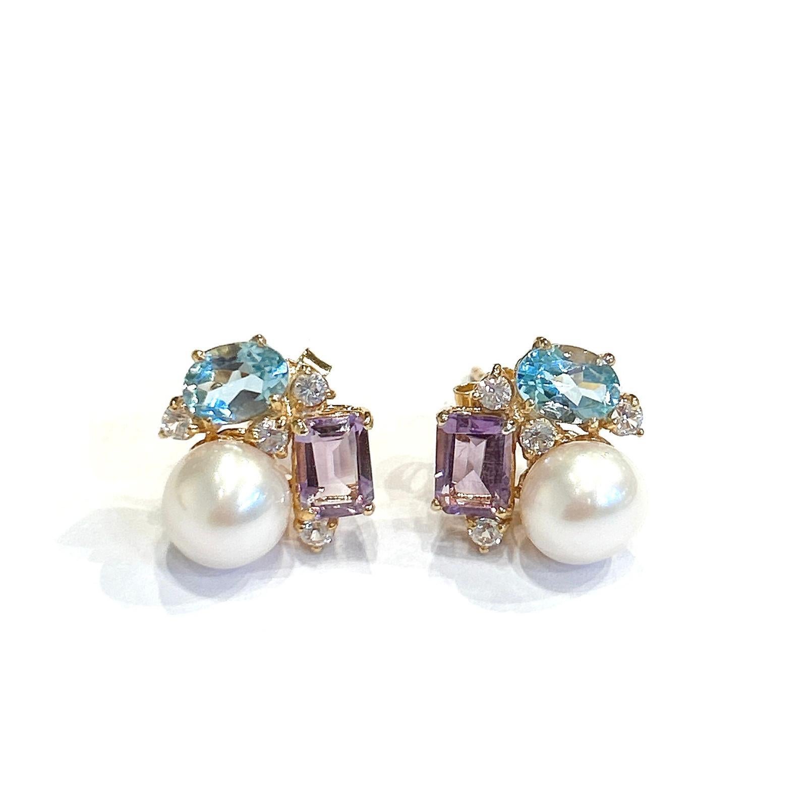 Baroque Bochic “Orient” Amethyst , Blue Topaz & Pearl Earrings Set In 18K Gold & Silver For Sale
