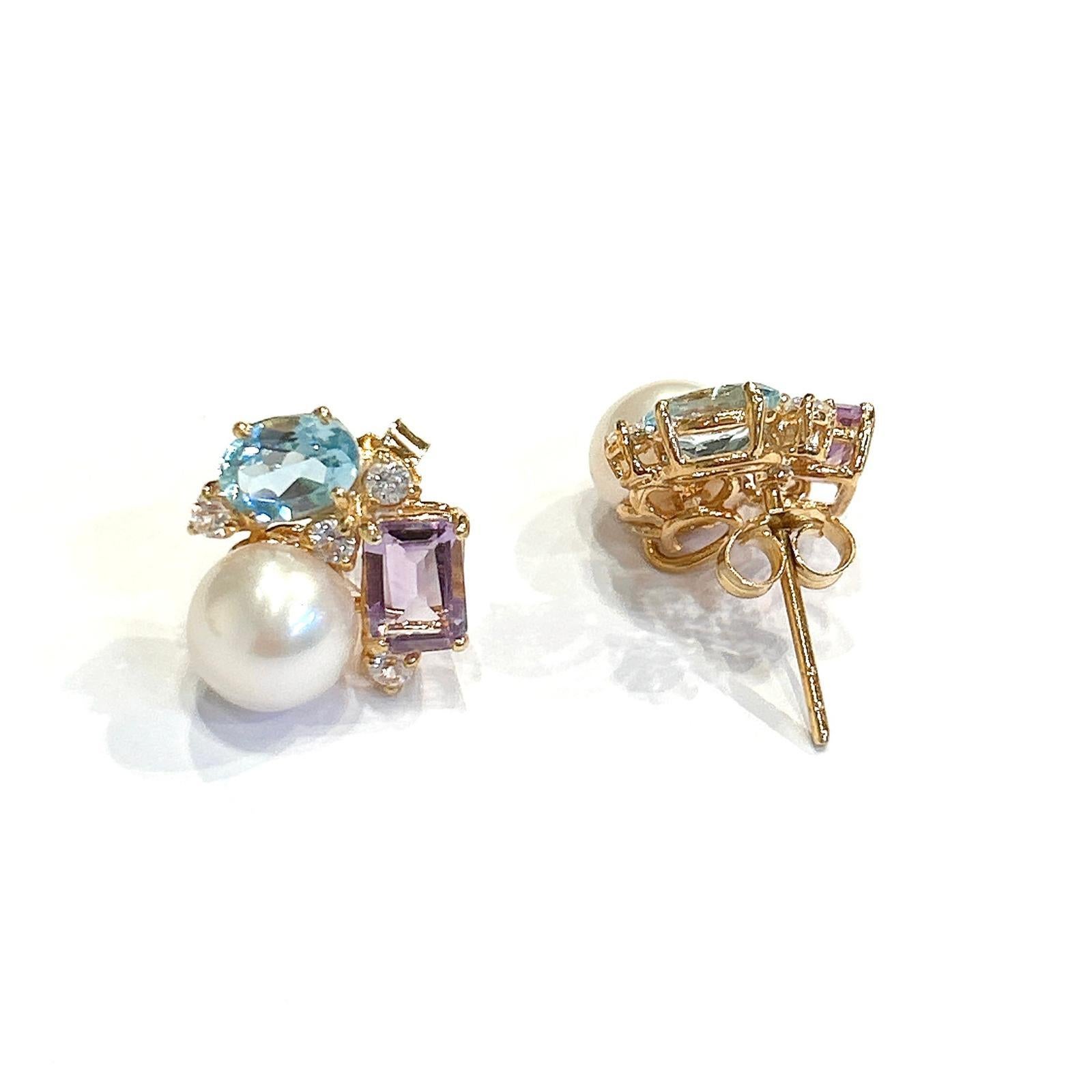 Brilliant Cut Bochic “Orient” Amethyst , Blue Topaz & Pearl Earrings Set In 18K Gold & Silver For Sale
