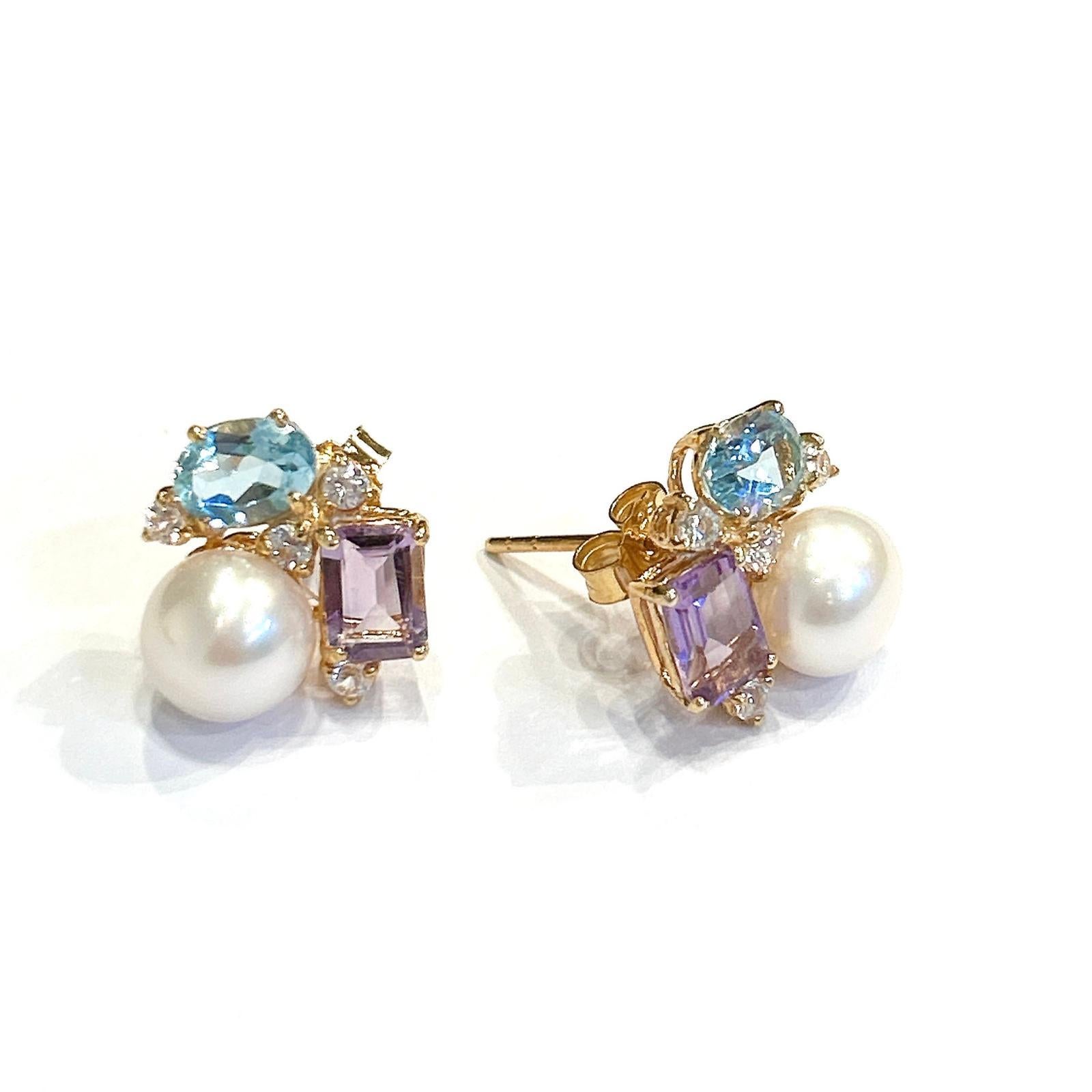 Bochic “Orient” Amethyst , Blue Topaz & Pearl Earrings Set In 18K Gold & Silver For Sale 1