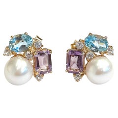 Bochic Orient-Ohrringe aus 18 Karat Gold und Silber mit Amethyst, blauem Topas und Perlen
