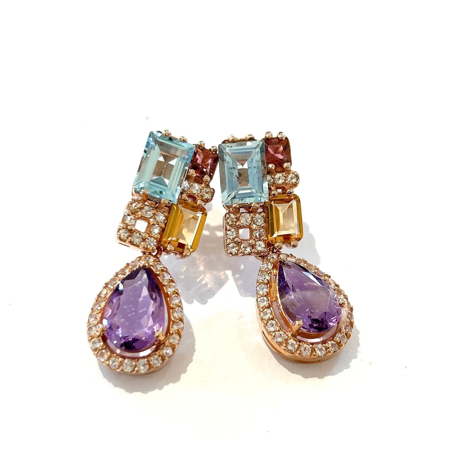 Art Deco Bochic “Orient” Amethyst, Citrine & Blue Topaz Earrings Set 18K Gold&Silver For Sale