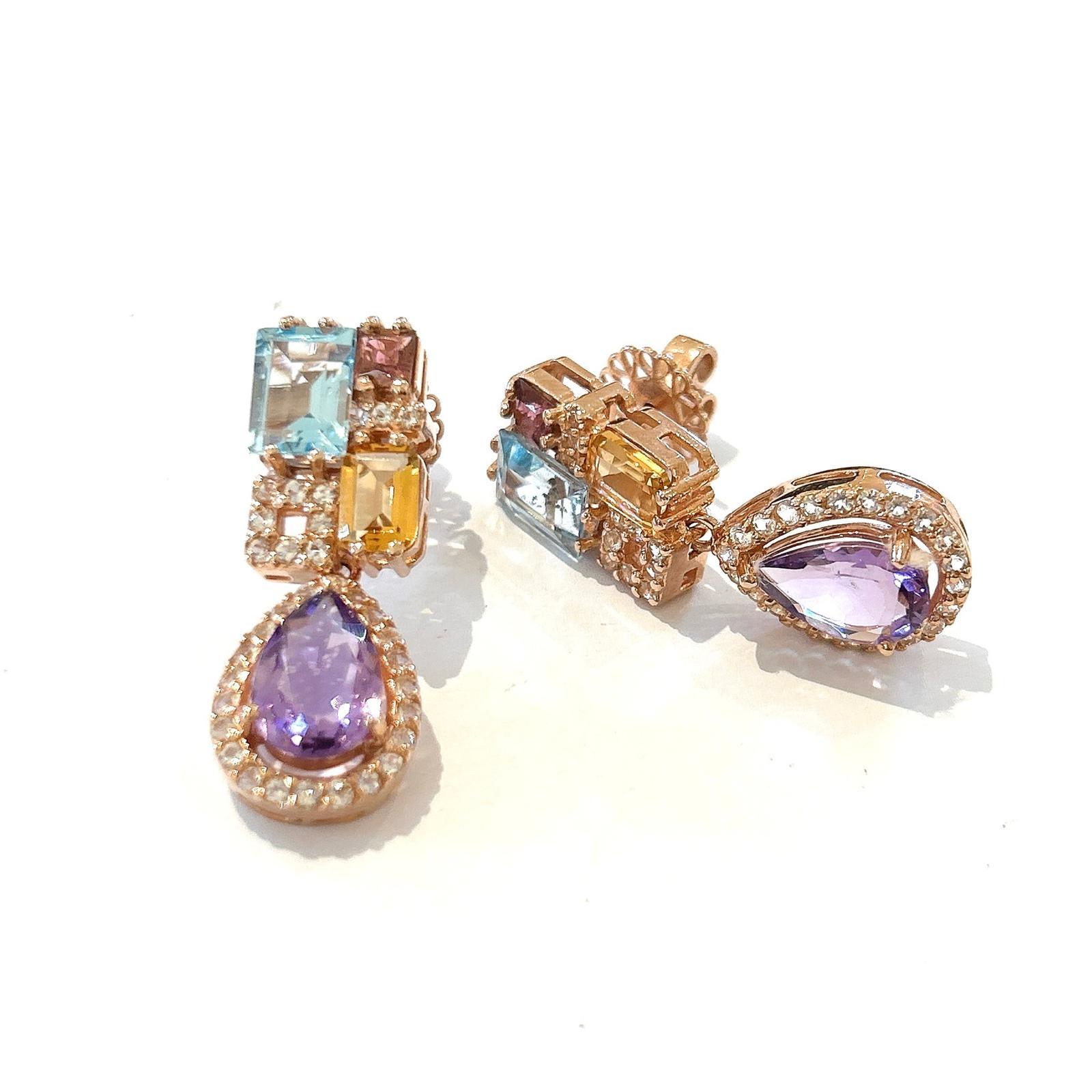 Bochic “Orient” Amethyst, Citrine & Blue Topaz Earrings Set 18K Gold&Silver In New Condition For Sale In New York, NY