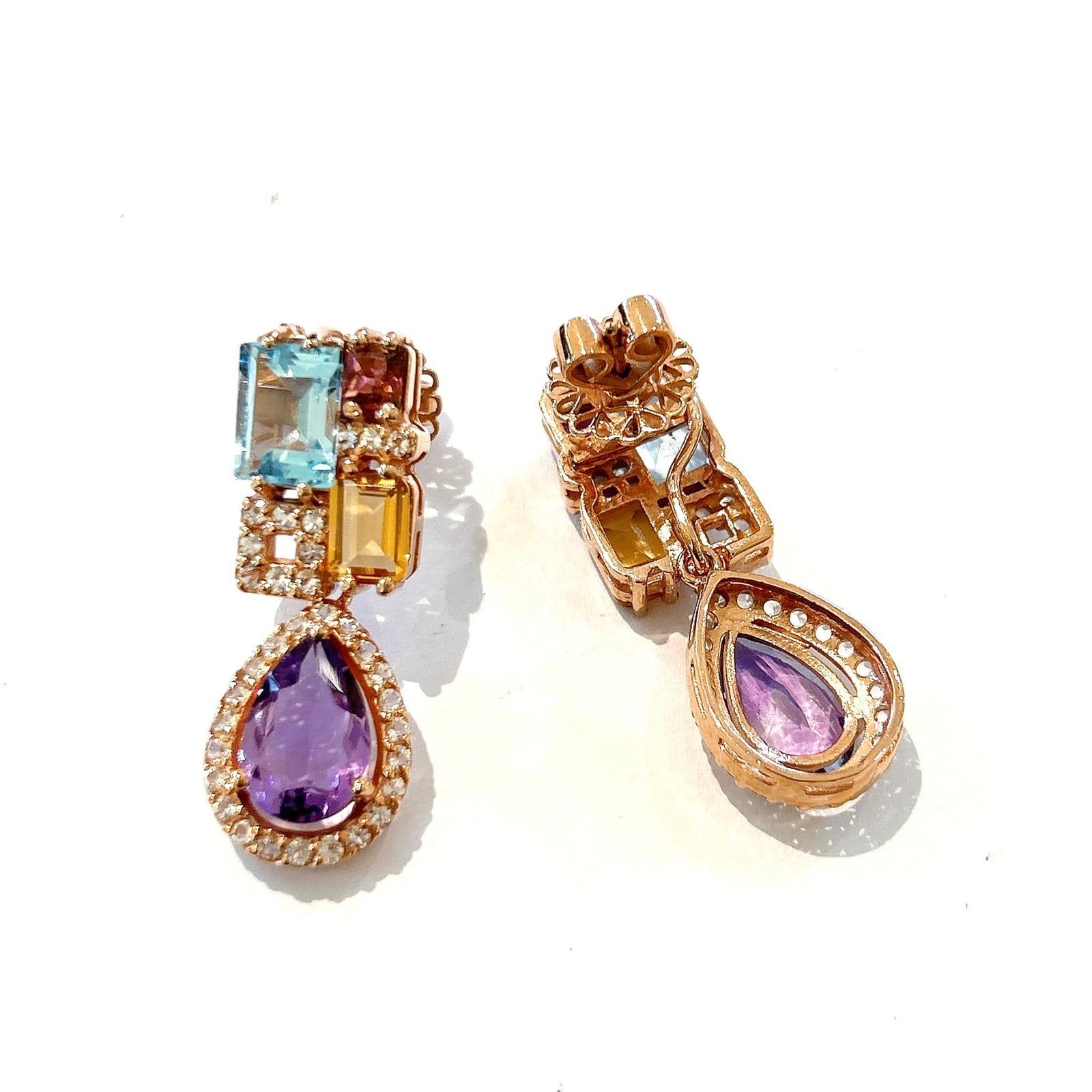 Bochic “Orient” Amethyst, Citrine & Blue Topaz Earrings Set 18K Gold&Silver For Sale 2