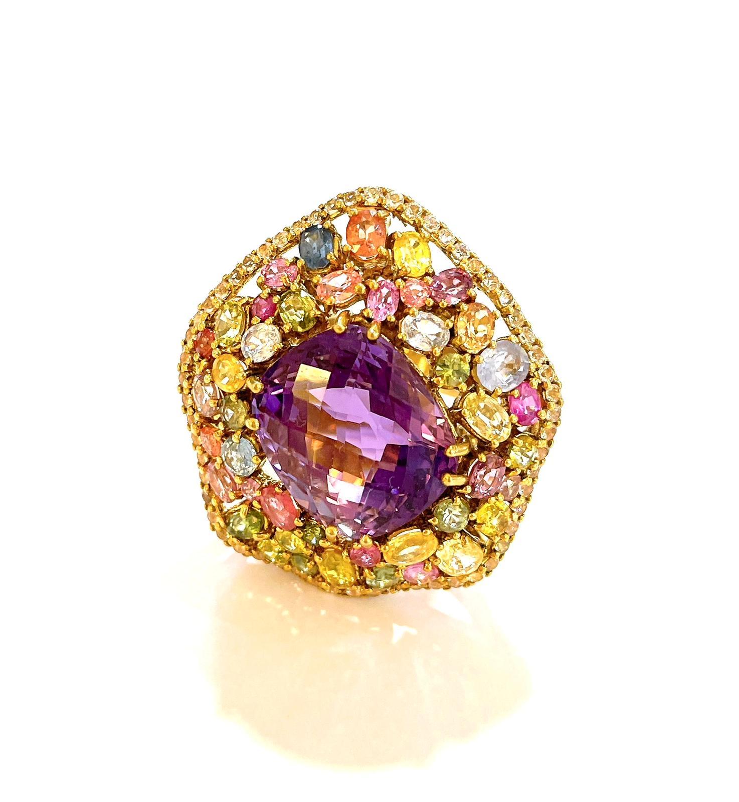 Bochic “Orient” Amethyst & Fancy Multi Sapphire Cocktail Ring 18K Gold & Silver In New Condition For Sale In New York, NY