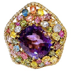 Bochic "Orient" Anello Cocktail con Ametista e Zaffiro Multi Fantasia in Oro e Argento 18K
