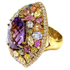 Bague cocktail Bochic Orient avec améthyste et plusieurs saphirs fantaisie en or et argent 18 carats