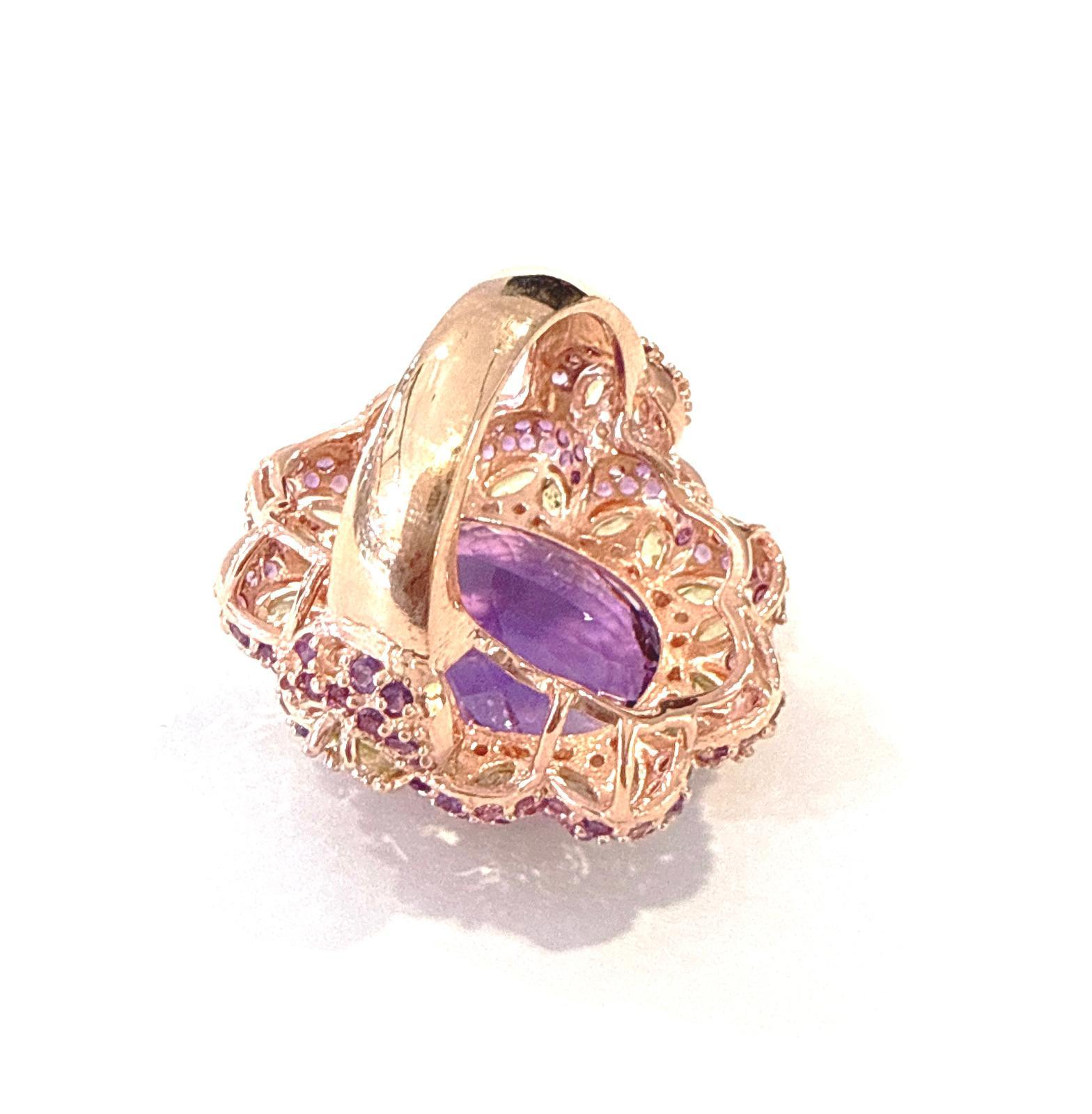 Bochic “Orient” Amethyst & Multi Gem Cocktail Ring Set 18K Gold & Silver For Sale 1