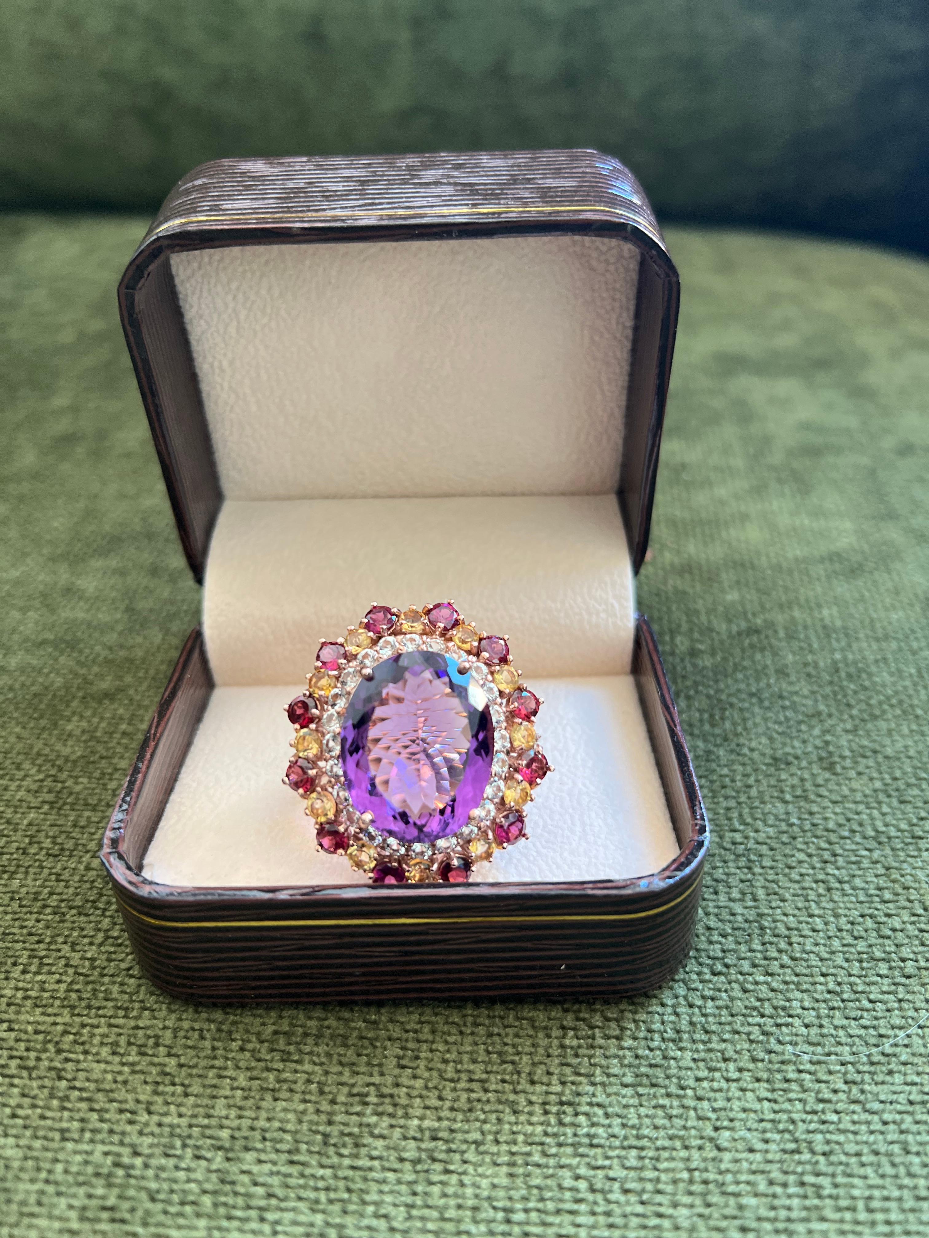 Bochic “Orient” Amethyst & Multi Gem Cocktail Ring Set 18K Gold & Silver For Sale 3