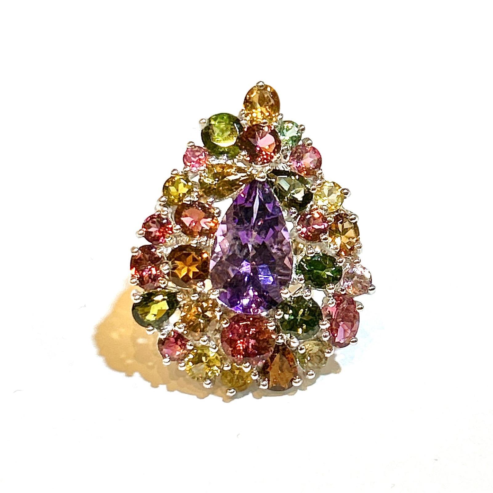 Baroque Bochic “Orient” Amethyst & Multi Tourmaline Cocktail Ring 18K Gold & Silver For Sale